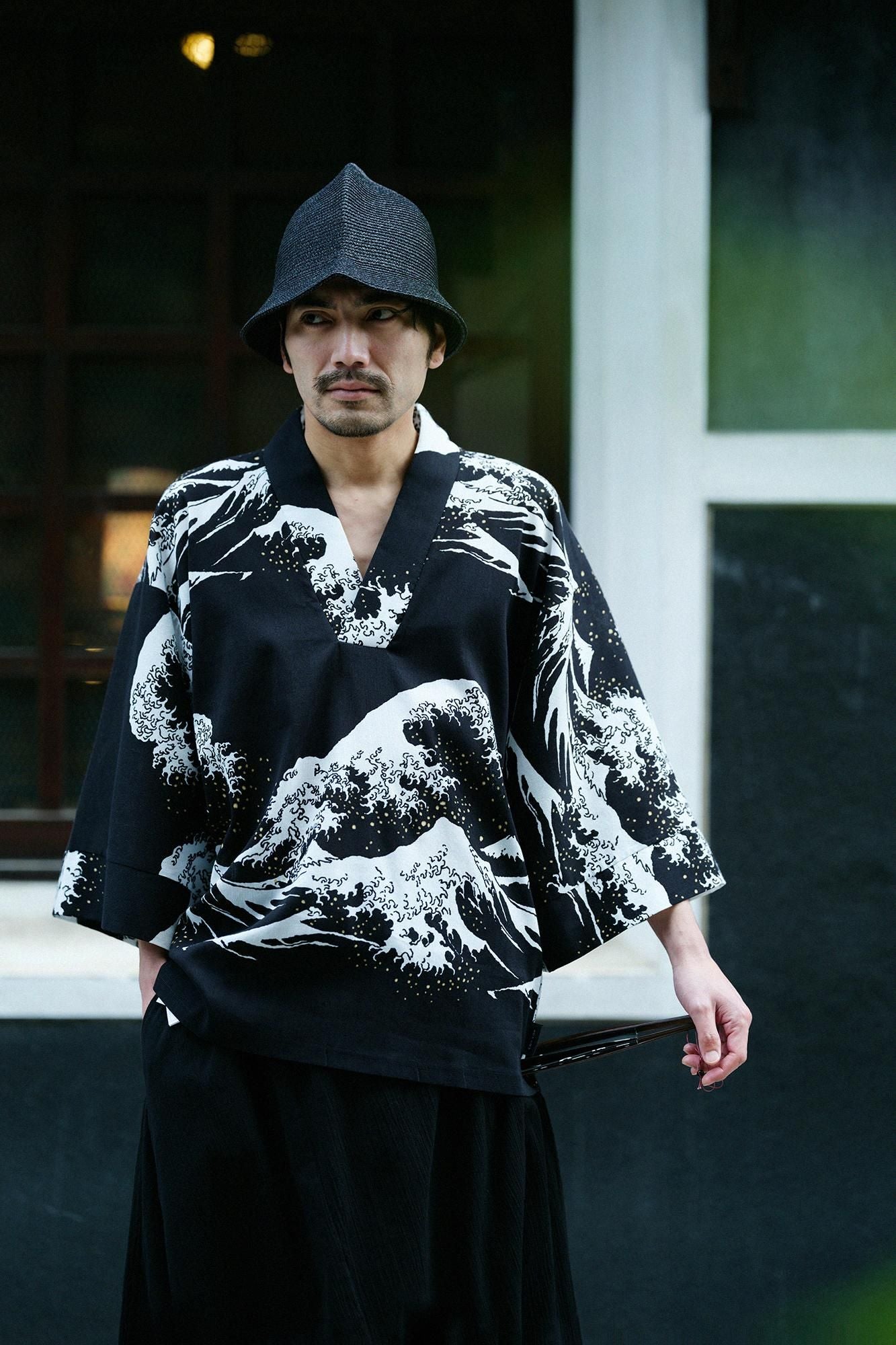 Chizimi Cotton 40/40 Fubi Kimono Shirt Hokusai The Great Wave off Kanagawa-Recreation