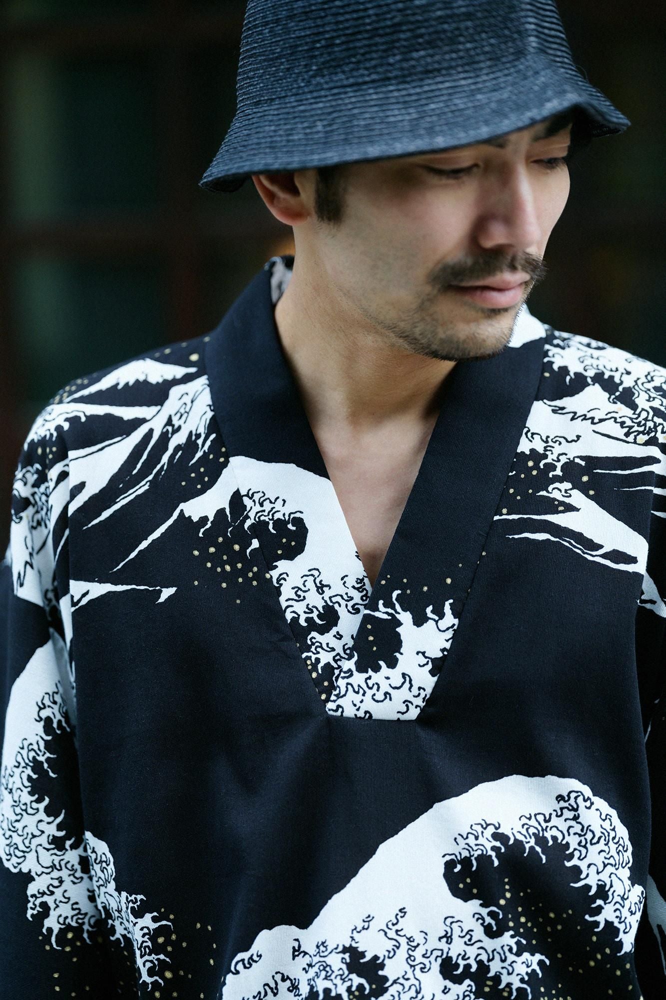Chizimi Cotton 40/40 Fubi Kimono Shirt Hokusai The Great Wave off Kanagawa-Recreation