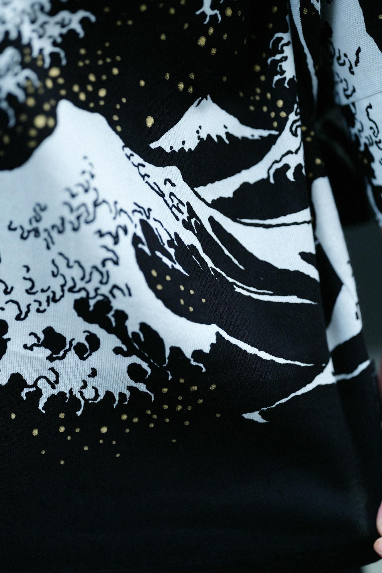 Chizimi Cotton 40/40 Fubi Kimono Shirt Hokusai The Great Wave off Kanagawa-Recreation