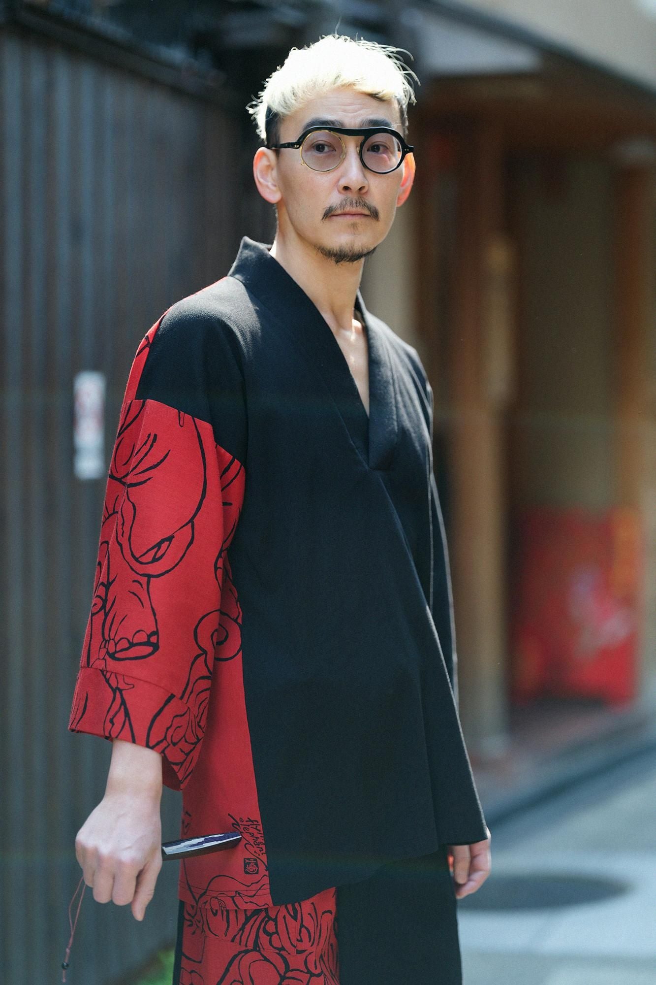 Chizimi Cotton 40/40 Fubi Kimono Shirt Bi-color / Black × flying elephants