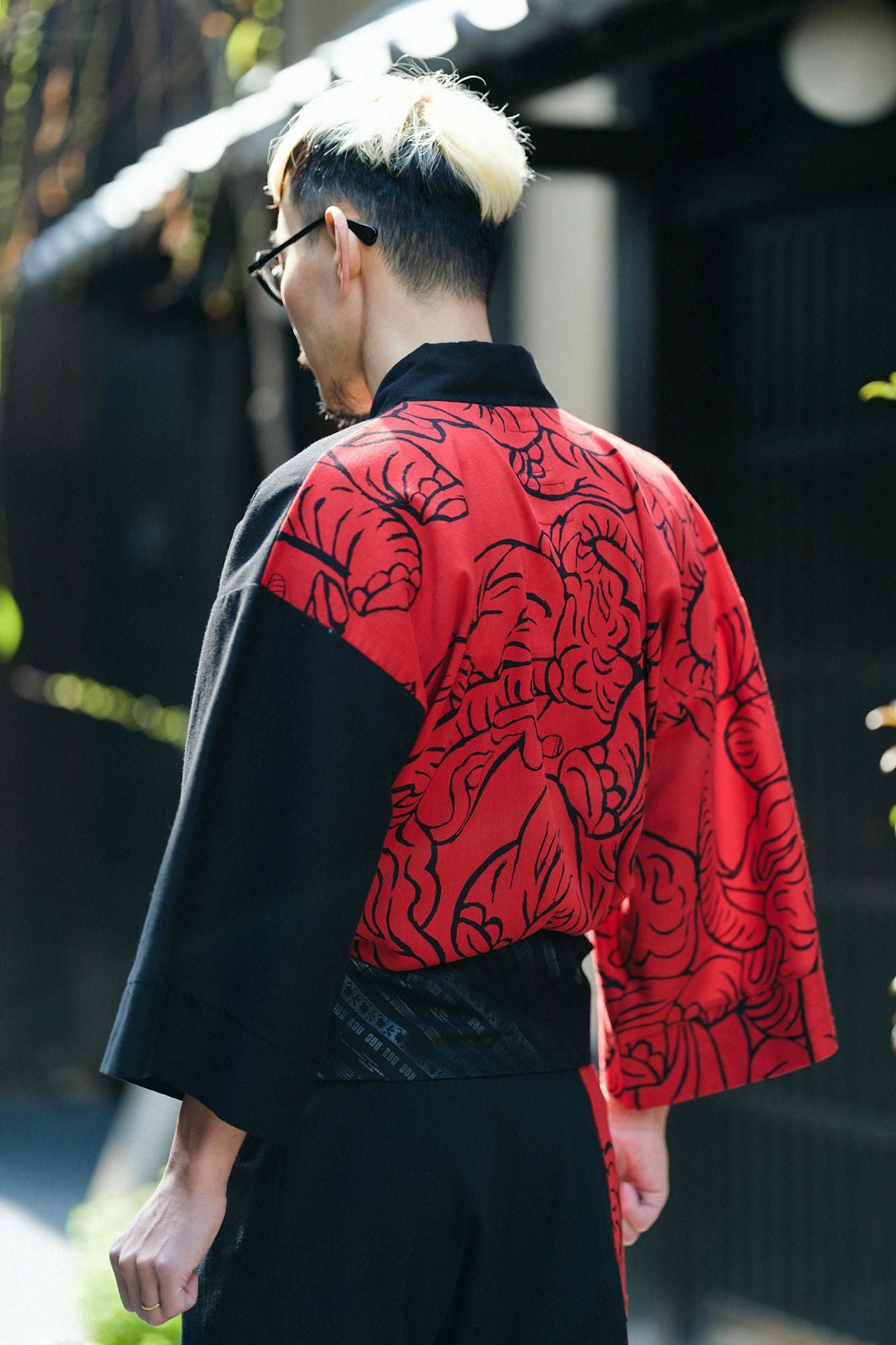 Chizimi Cotton 40/40 Fubi Kimono Shirt Bi-color / Black × flying elephants