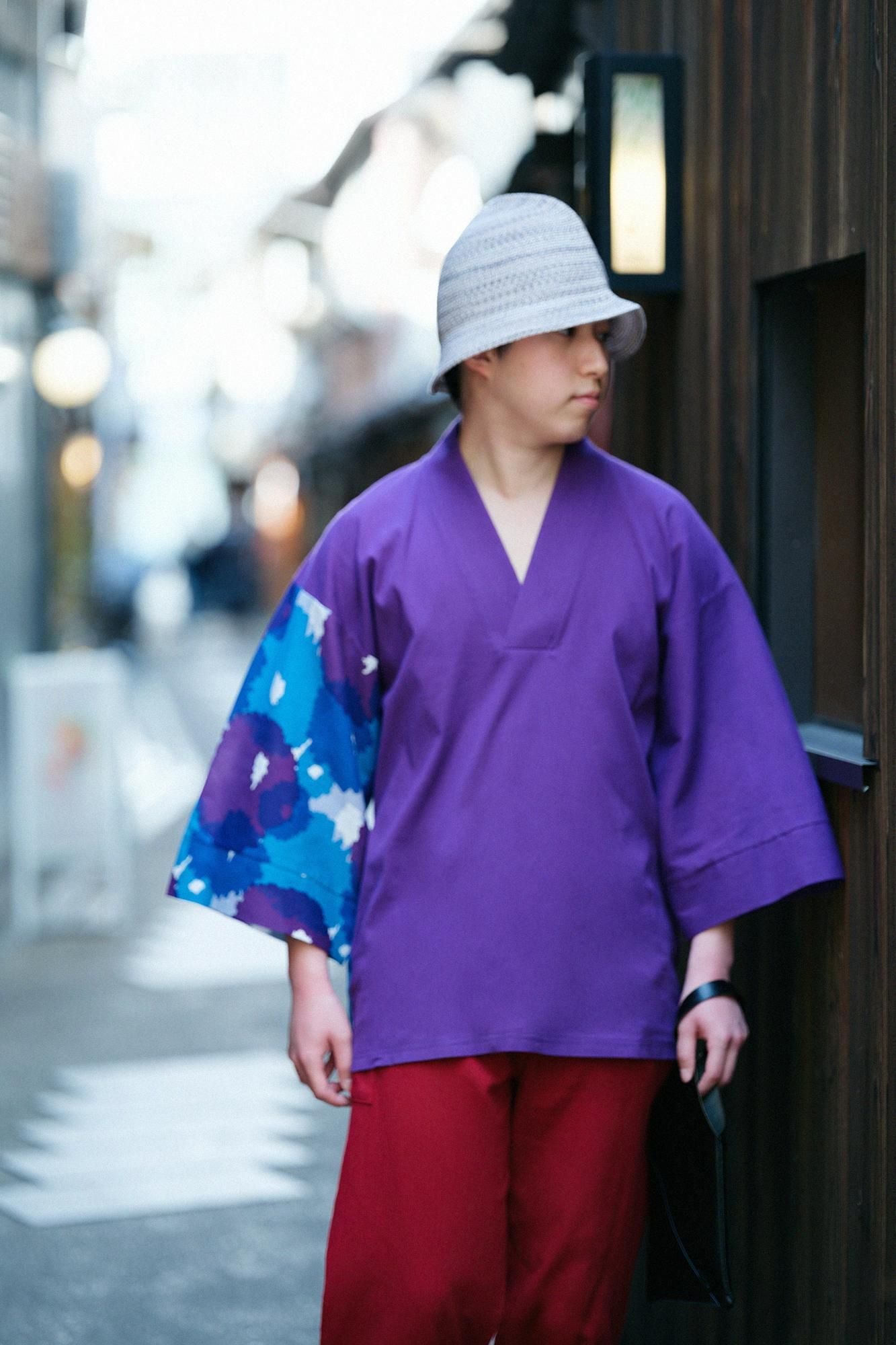 Chizimi Cotton 40/40 Fubi Kimono Shirt Bi-color / Violet × Full Bloom