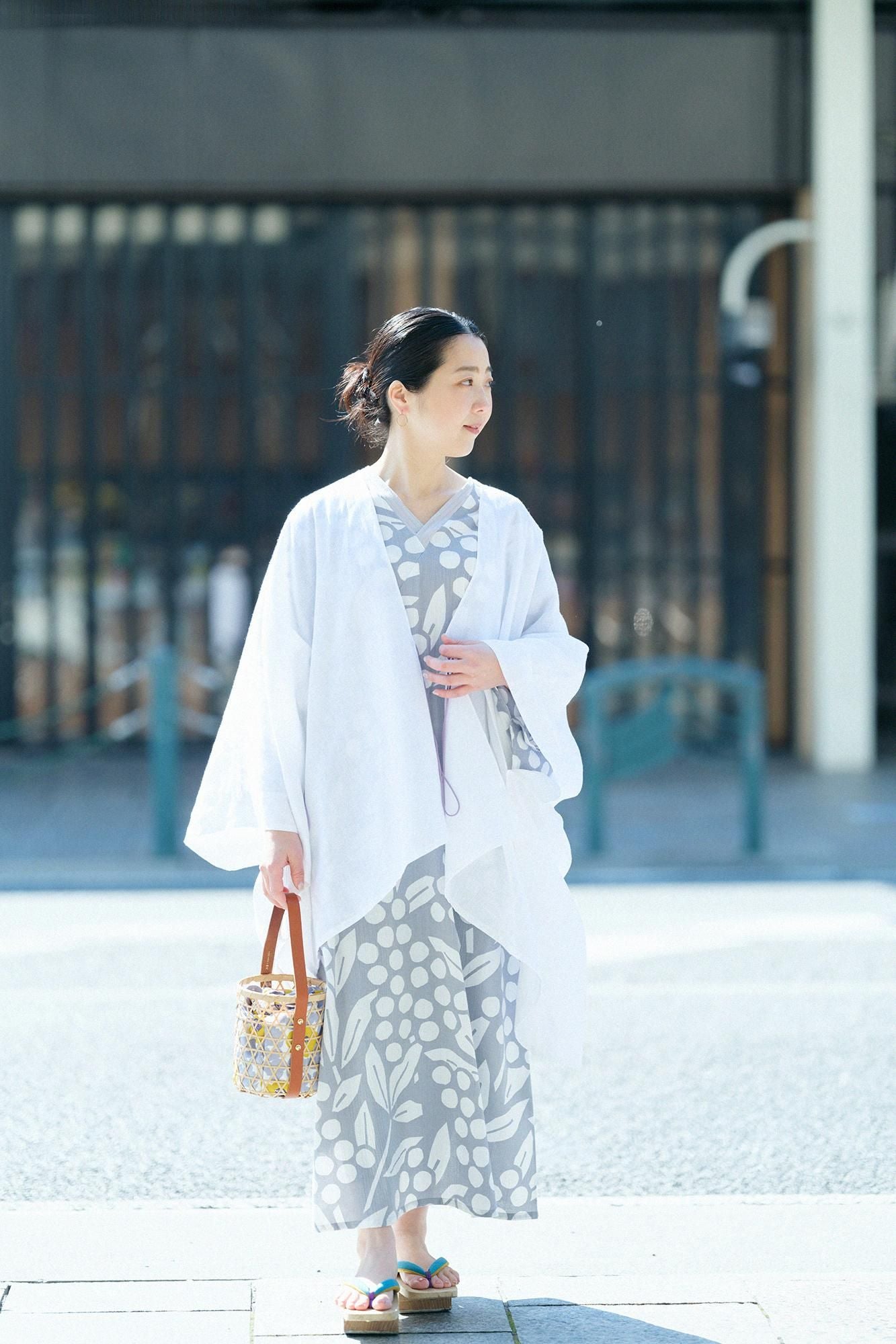 Chizimi Cotton 20/20 Double V-neck Summer Kimono Dress / Nandina Bamboo