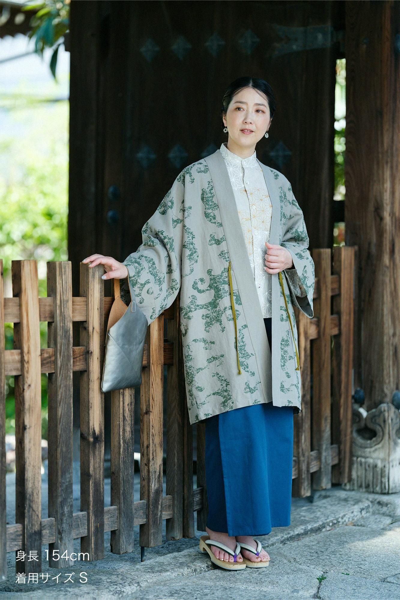 Cotton Linen-Rayon Blend Hanten Long-sleeved Jacket Mid-length Single Layer / Raging Billows Era Lye Color