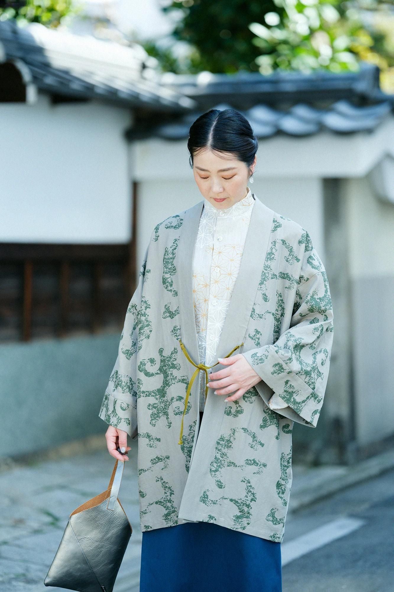 Cotton Linen-Rayon Blend Hanten Long-sleeved Jacket Mid-length Single Layer / Raging Billows Era Lye Color