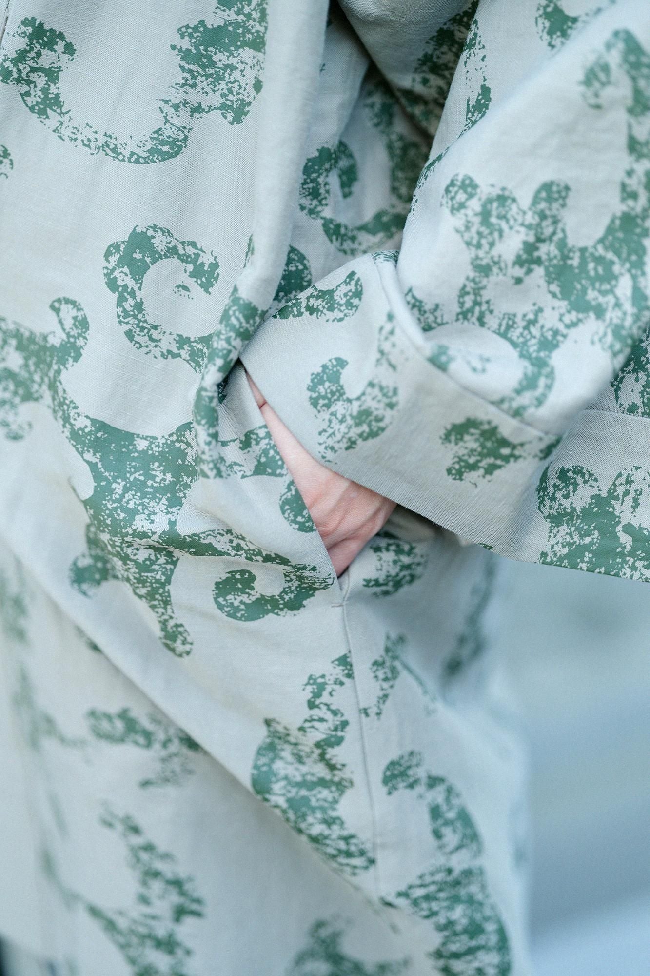 Cotton Linen-Rayon Blend Hanten Long-sleeved Jacket Mid-length Single Layer / Raging Billows Era Lye Color