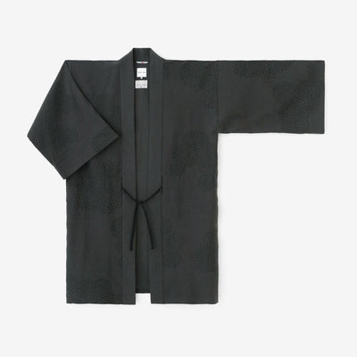 Cotton Linen-Rayon Blend Hanten Long-sleeved Jacket Mid-length Single Layer / Chrysanthemum in Clouds Ink Black