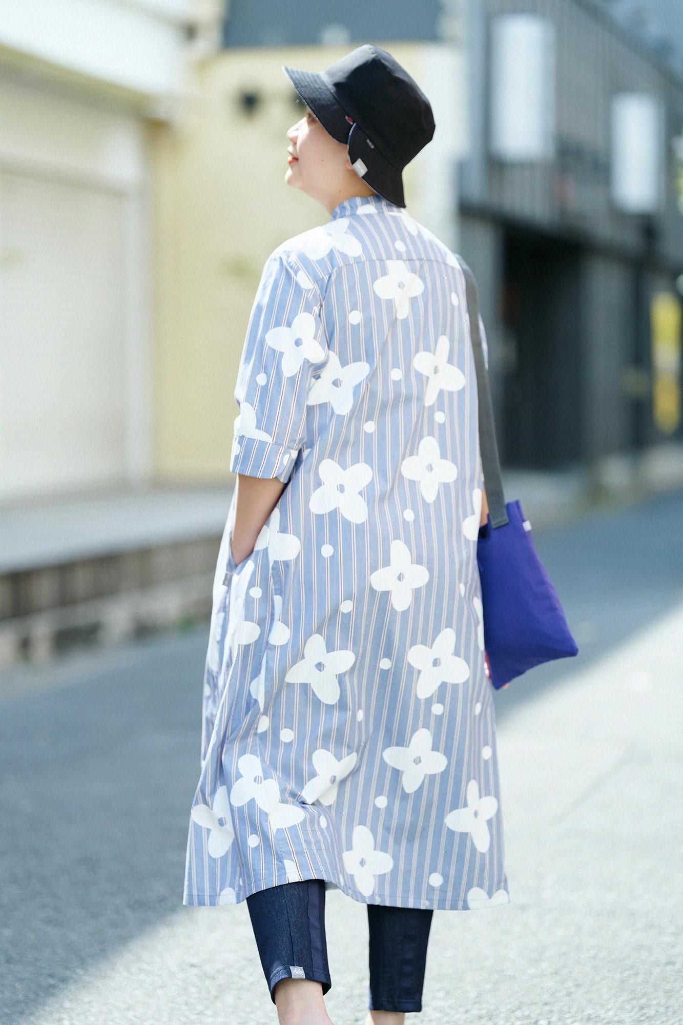 새틴 줄무늬 BIKE원피스／산꽃바람 네이비 블루