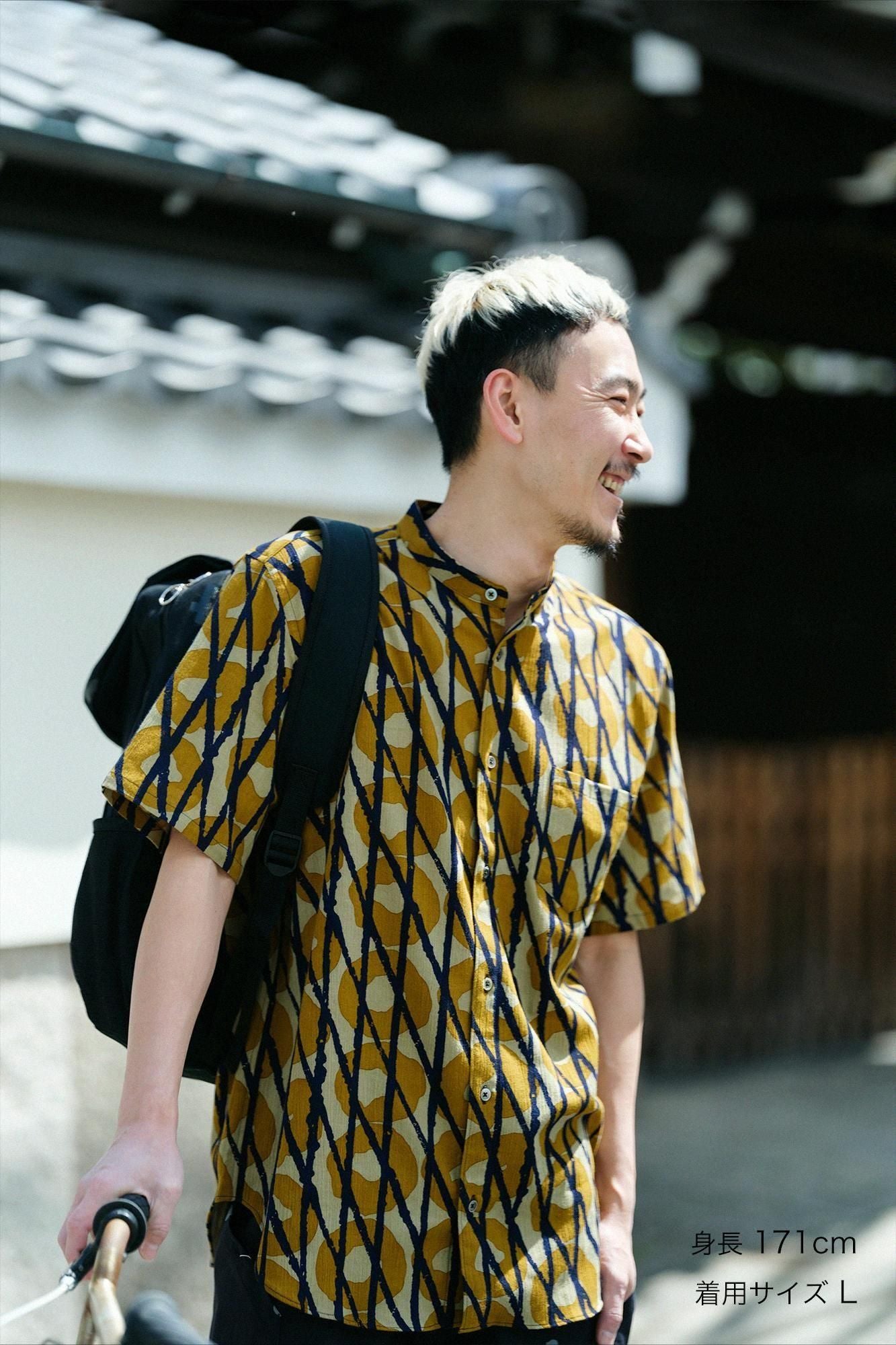 【net限定】高島縮 20/20 スタンドカラー半袖シャツ／嵐（あらし）