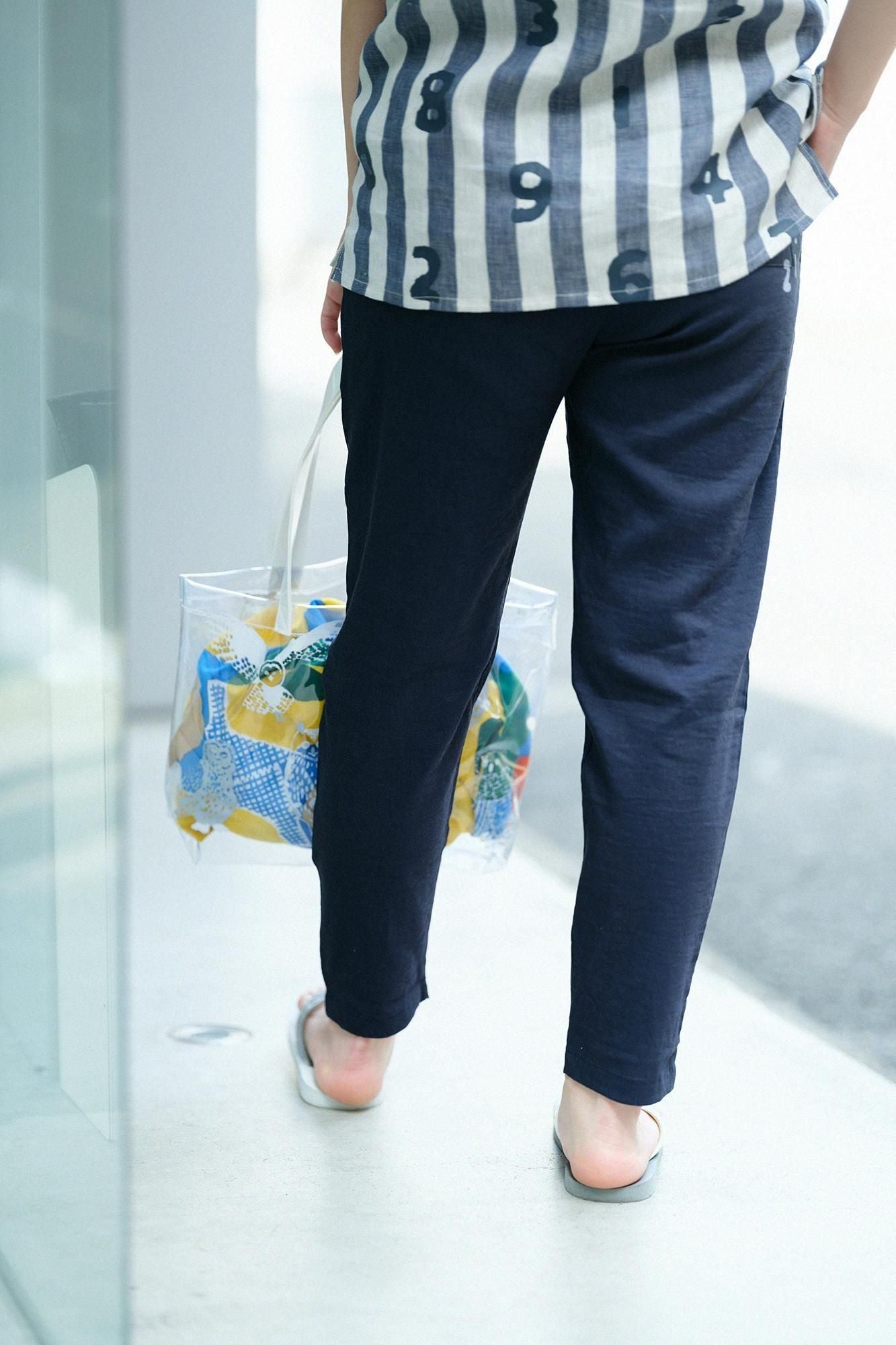 彈性亞麻人造絲 休閒窄管長褲／深藍色