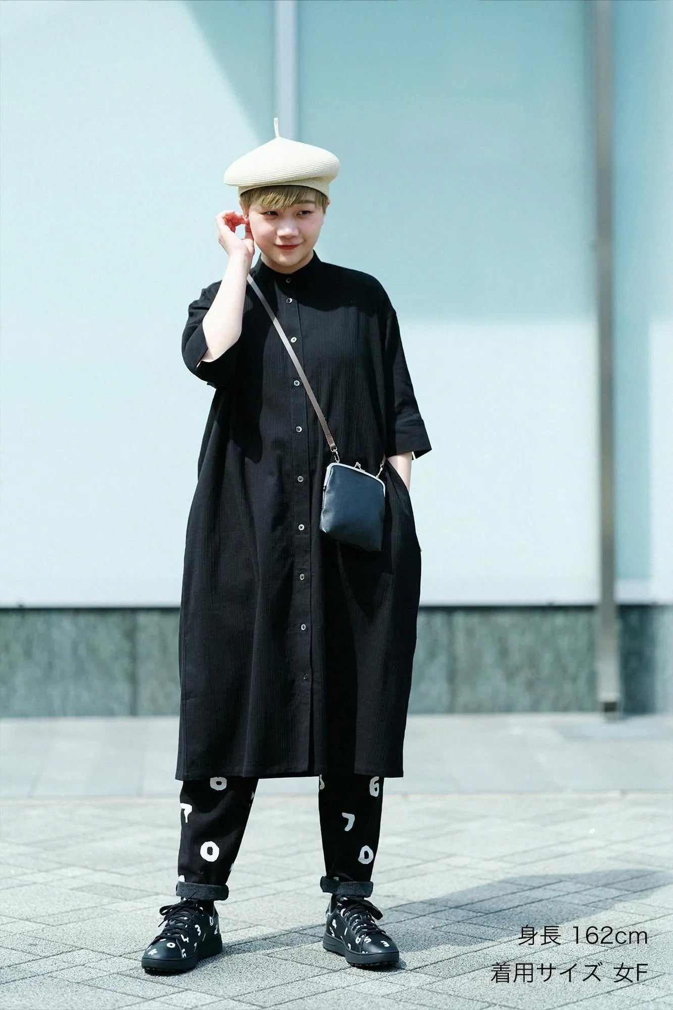 Chizimi Cotton 20/20 Gran Shirt Dress Elbow Length Sleeve／Black