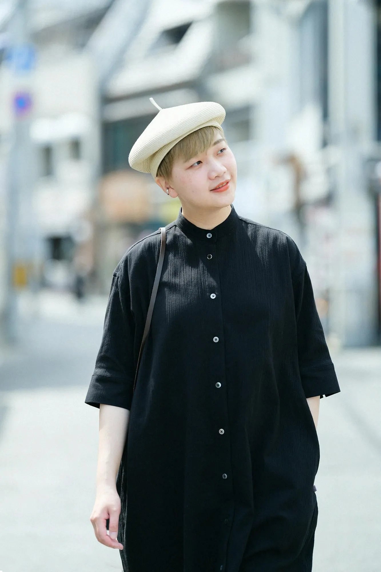 Chizimi Cotton 20/20 Gran Shirt Dress Elbow Length Sleeve／Black