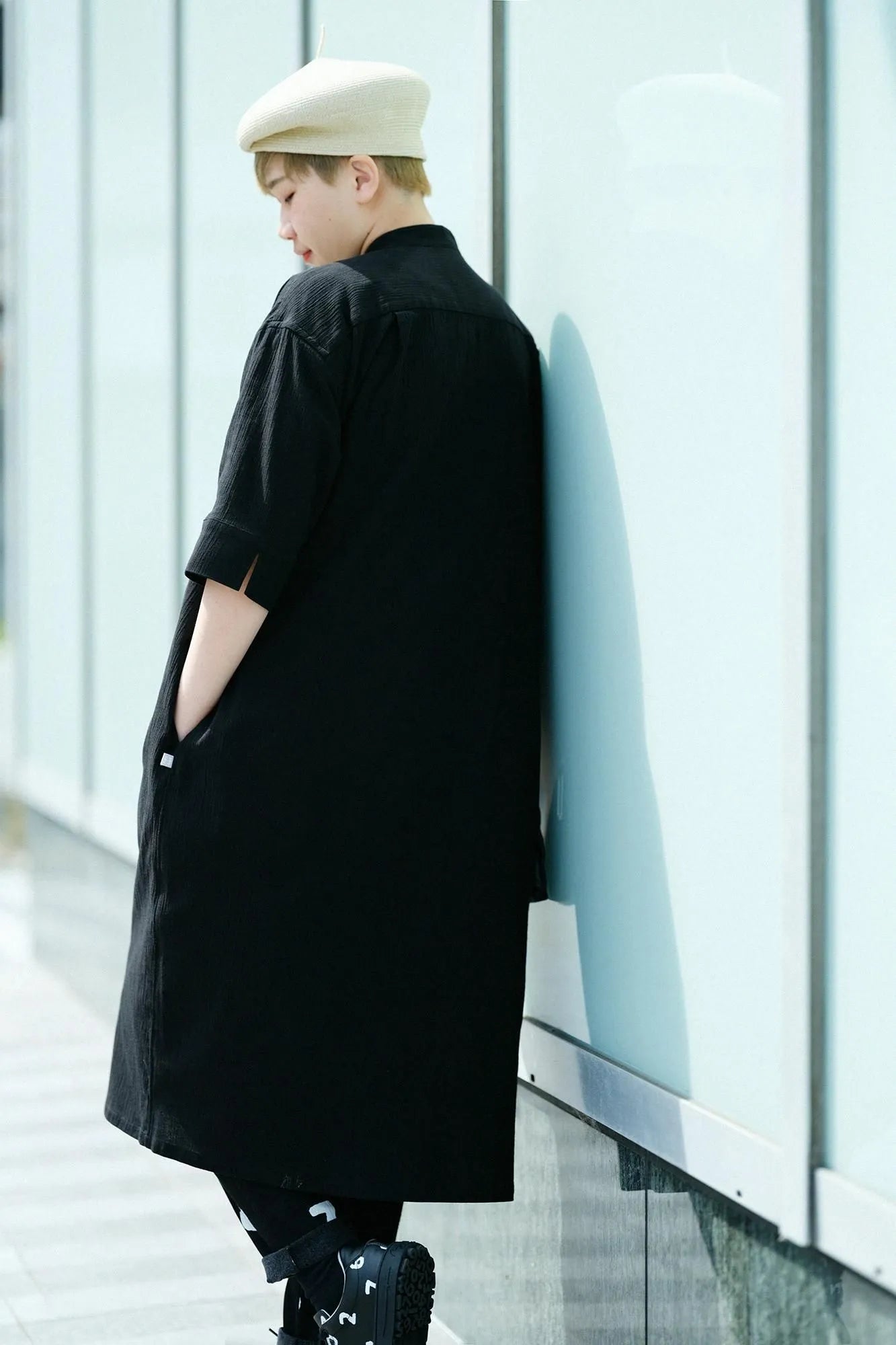 Chizimi Cotton 20/20 Gran Shirt Dress Elbow Length Sleeve／Black