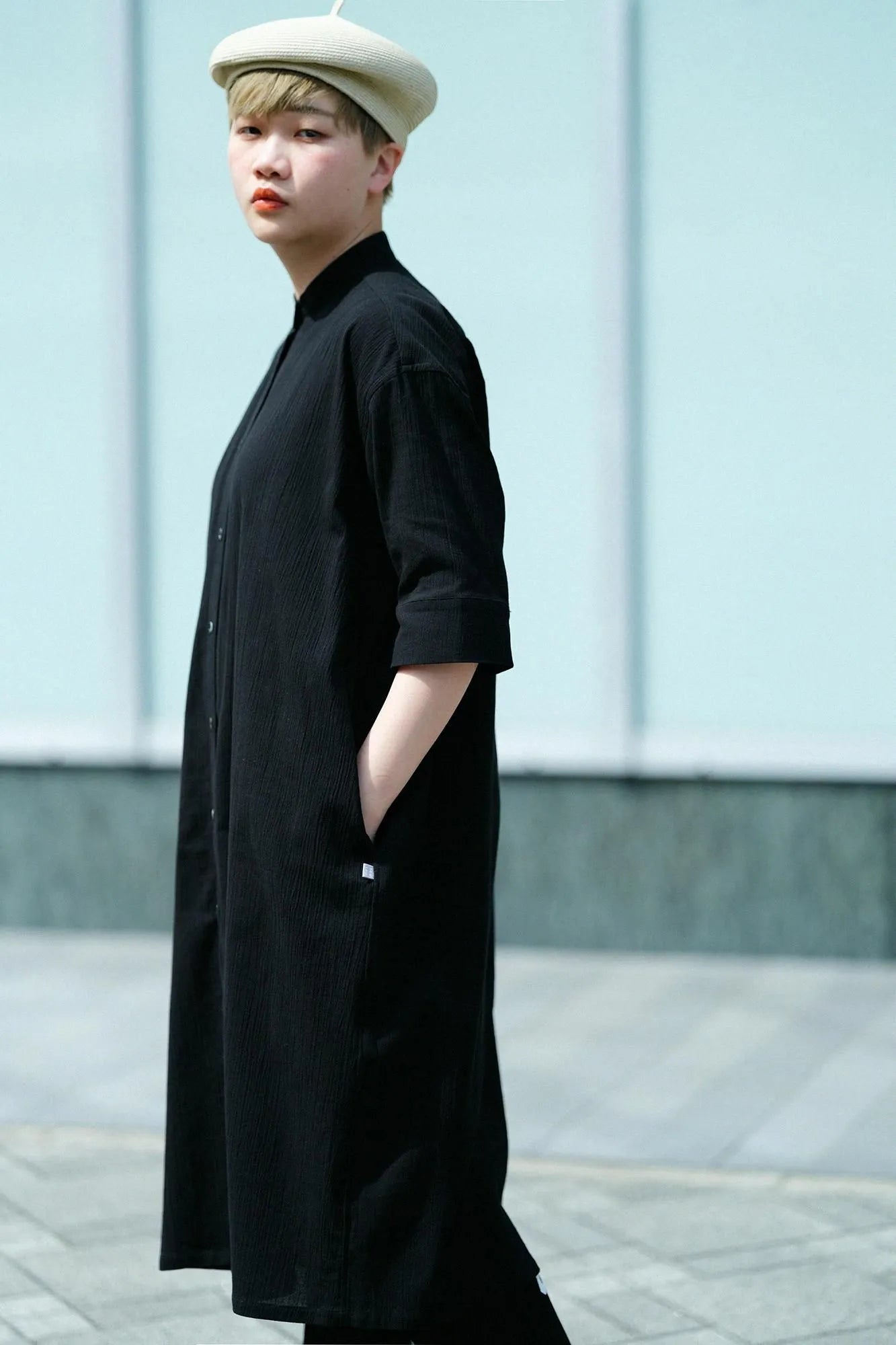 Chizimi Cotton 20/20 Gran Shirt Dress Elbow Length Sleeve／Black
