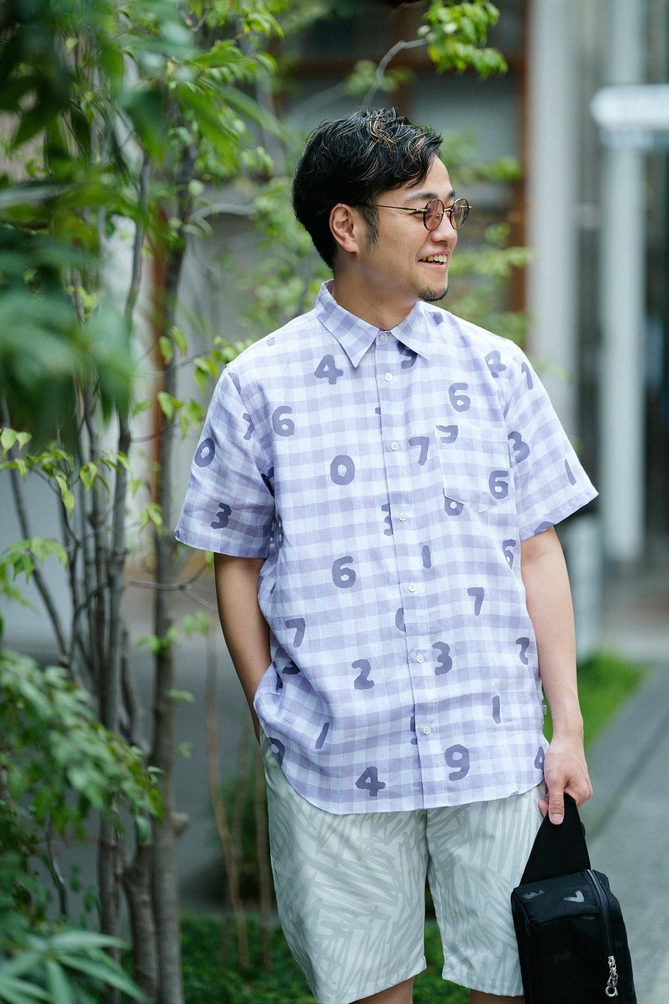 [nur Netto] Leinen-Karo-Kurzarmhemd/SO-SU-U Lavendel