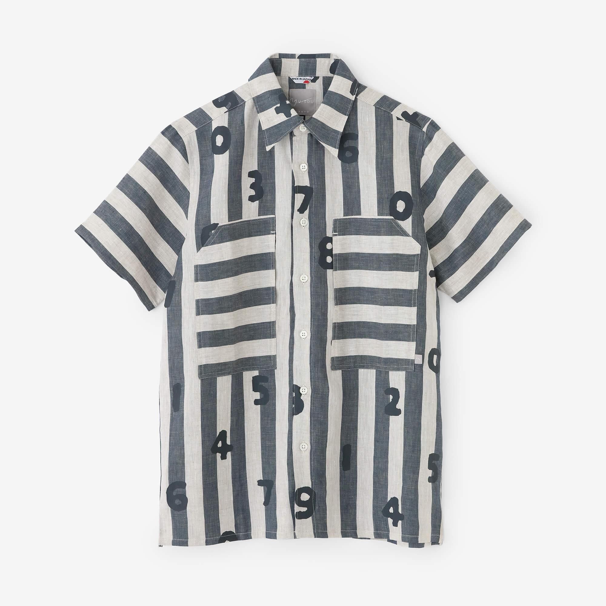 亞麻條紋W.P.短袖襯衫／SO-SU-U十數 亞麻色×灰藍色