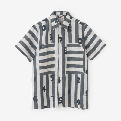 亞麻條紋W.P.短袖襯衫／SO-SU-U十數 亞麻色×灰藍色