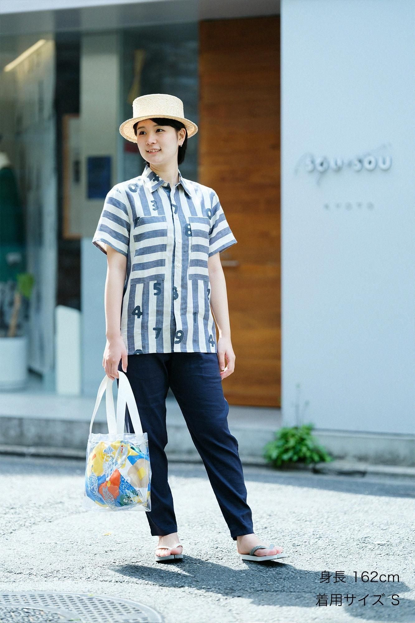 亞麻條紋W.P.短袖襯衫／SO-SU-U十數 亞麻色×灰藍色