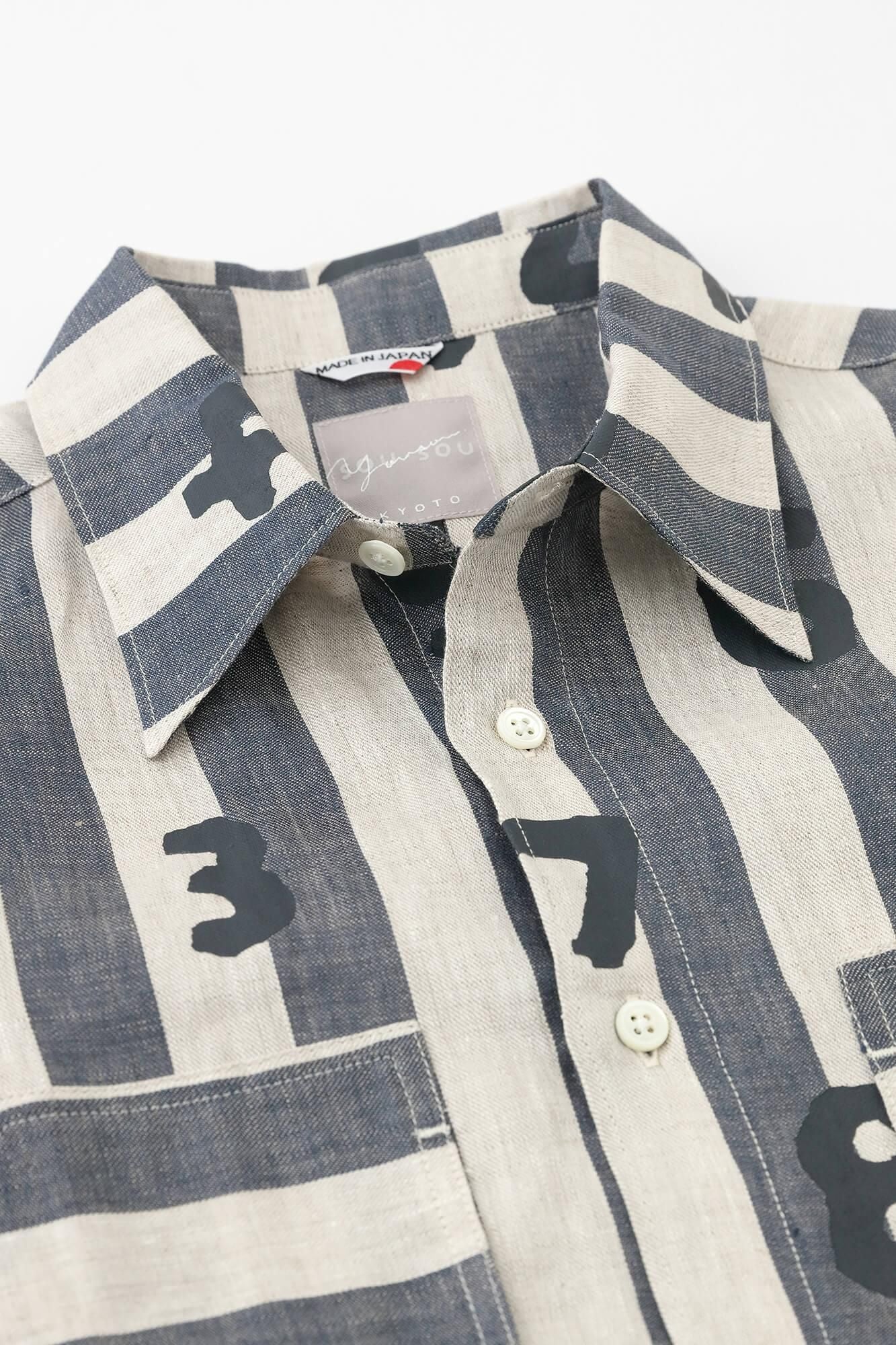 亞麻條紋W.P.短袖襯衫／SO-SU-U十數 亞麻色×灰藍色