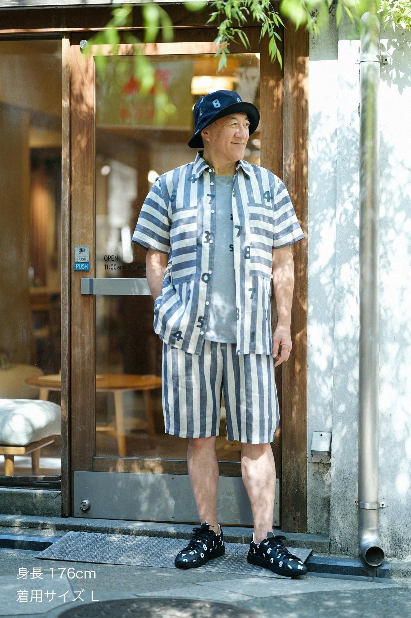 亞麻條紋W.P.短袖襯衫／SO-SU-U十數 亞麻色×灰藍色