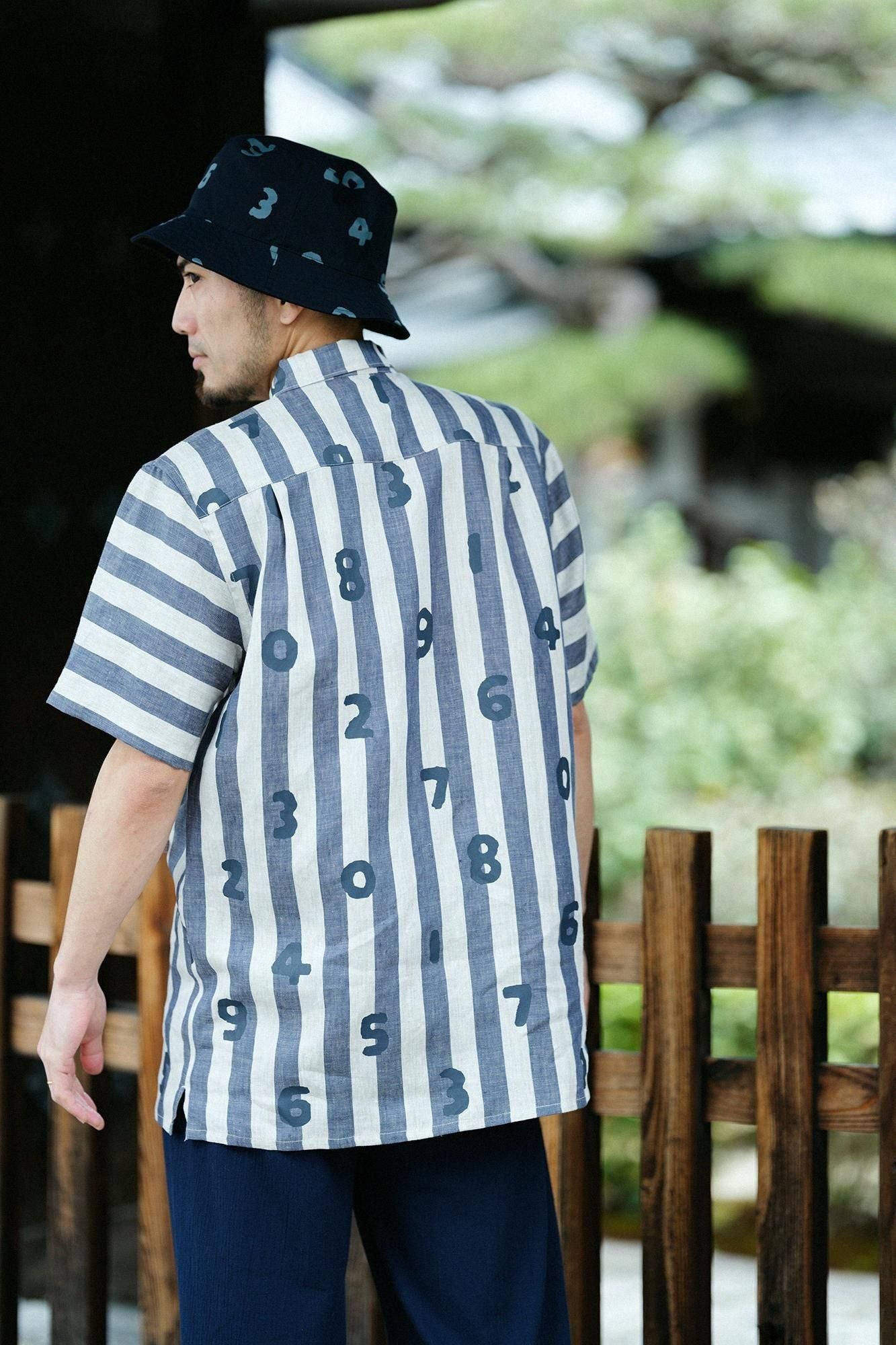 亞麻條紋W.P.短袖襯衫／SO-SU-U十數 亞麻色×灰藍色