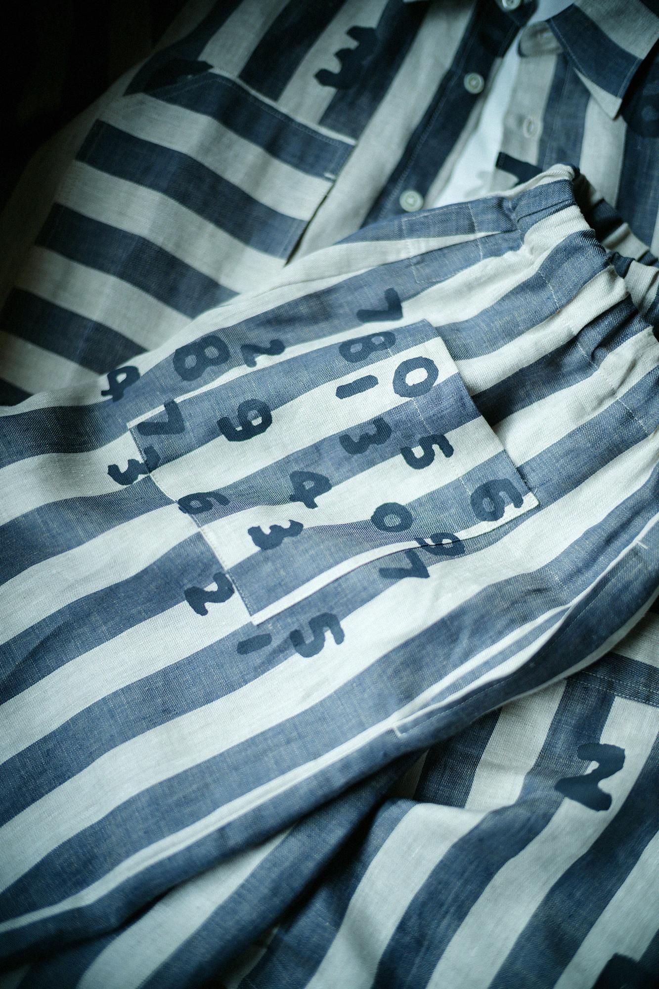 亞麻條紋 休閒短褲／亞麻色×灰藍色