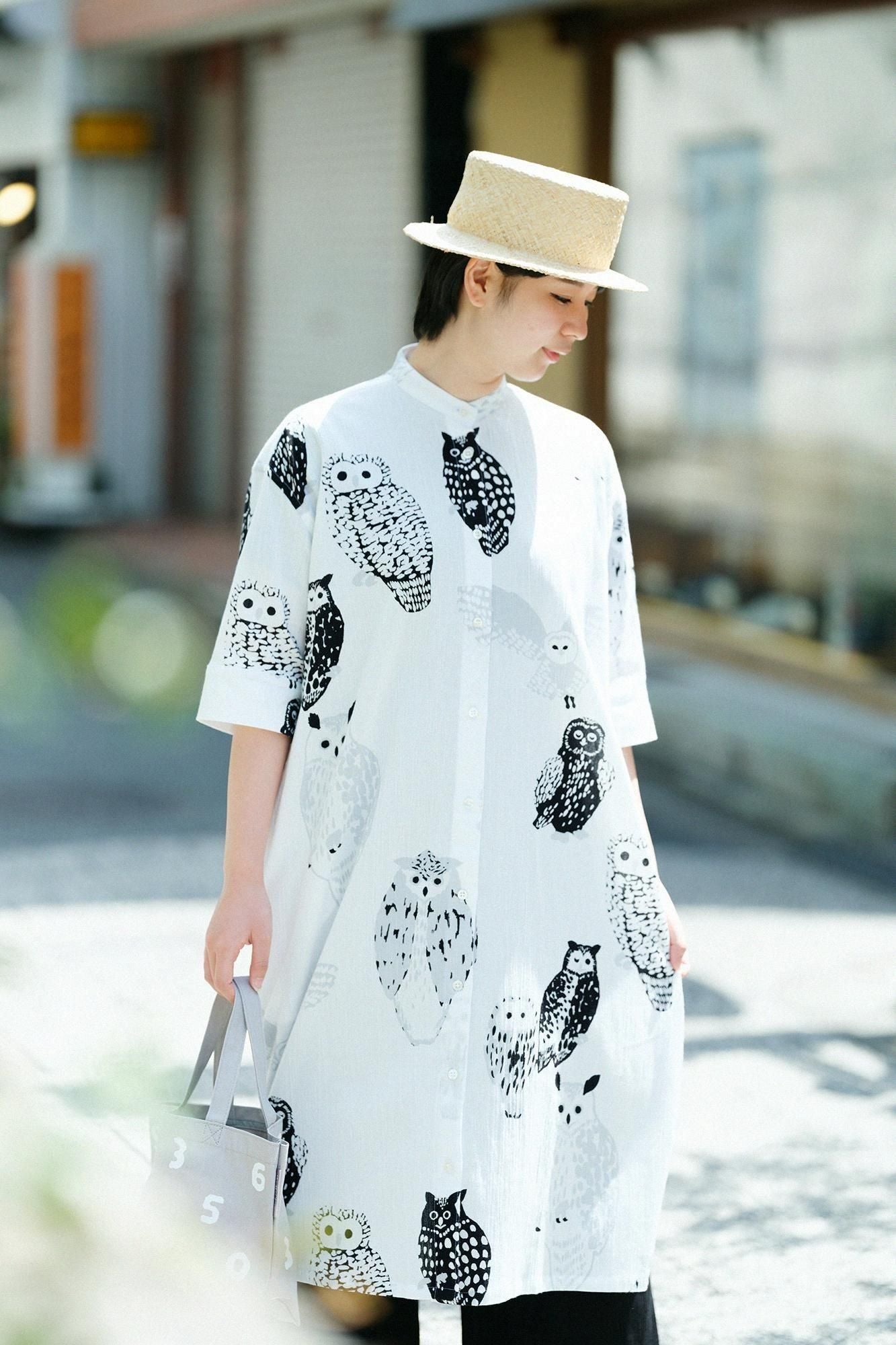 高島縮 20/20 グランシャツワンピース 6分袖／ふくろう