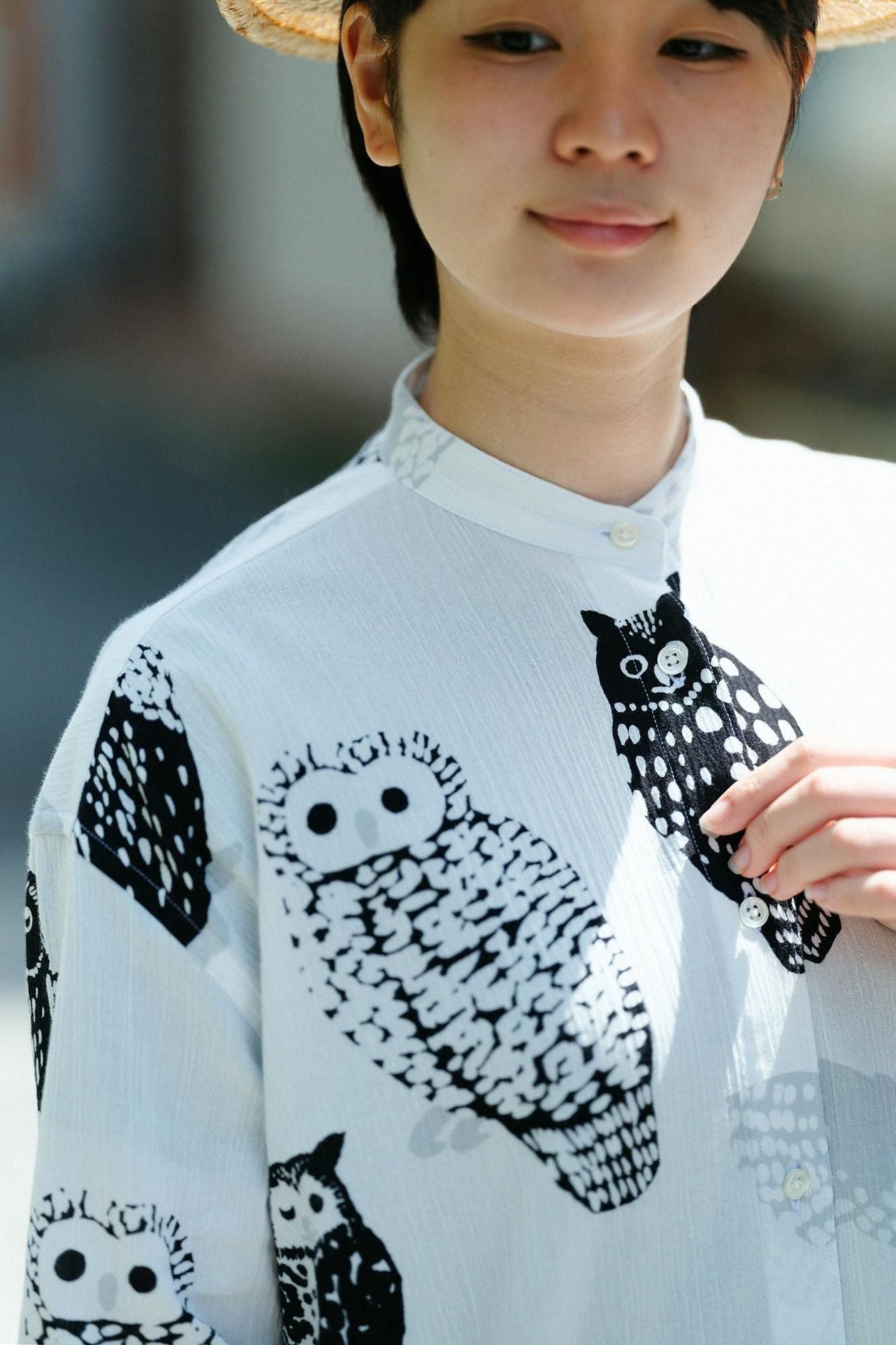 SOU・SOU ソウソウ 長袖 シャツ 坂尾織物 高島縮 フクロウ柄 ブラック 高島縮 20/20 グランシャツワンピース 6分袖／ふくろう