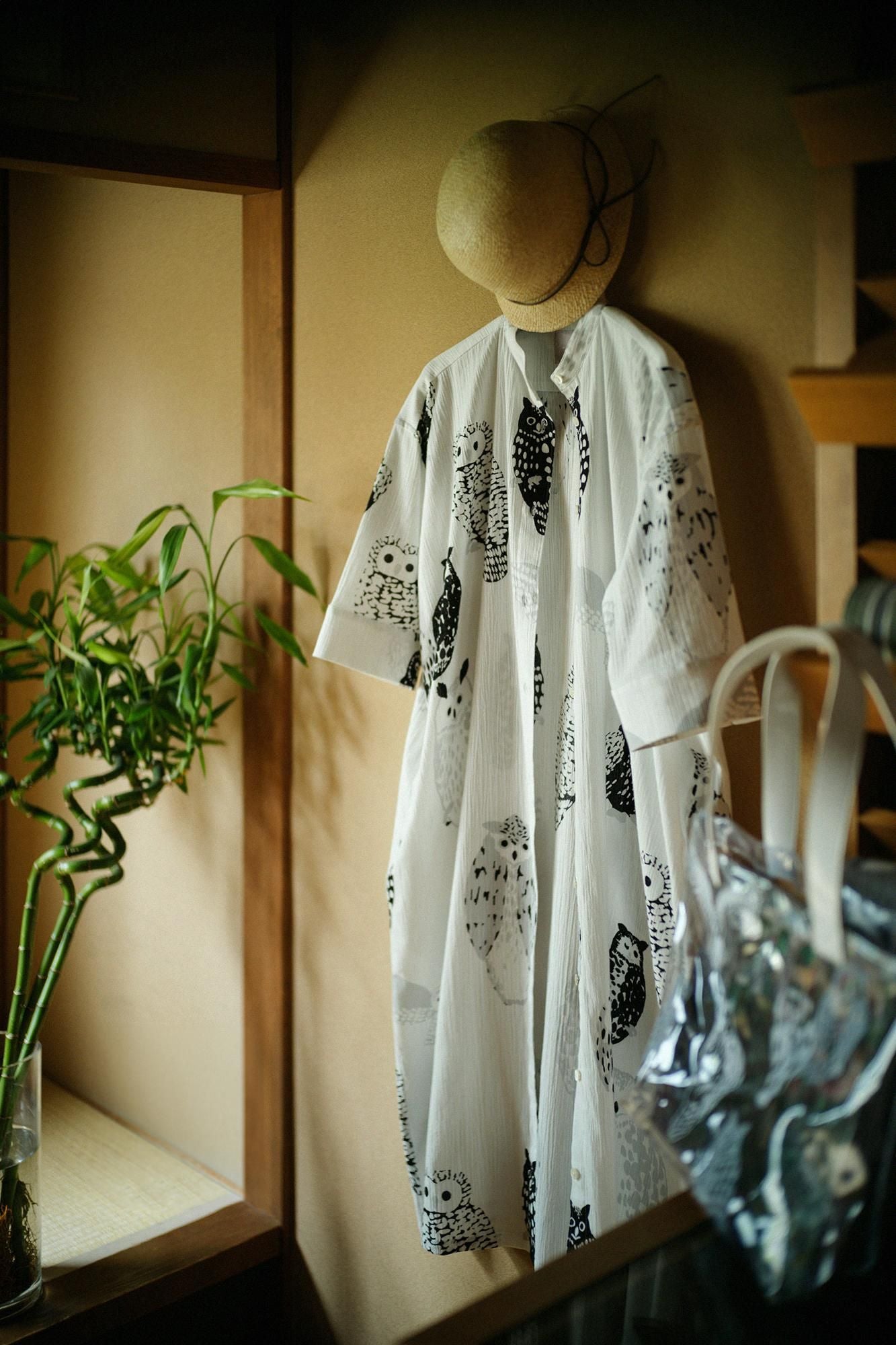 SOUSOU 高島縮 20/20 グランシャツワンピース 6分袖 ふくろう 高島縮 20/20 グランシャツワンピース 6分袖／ふくろう