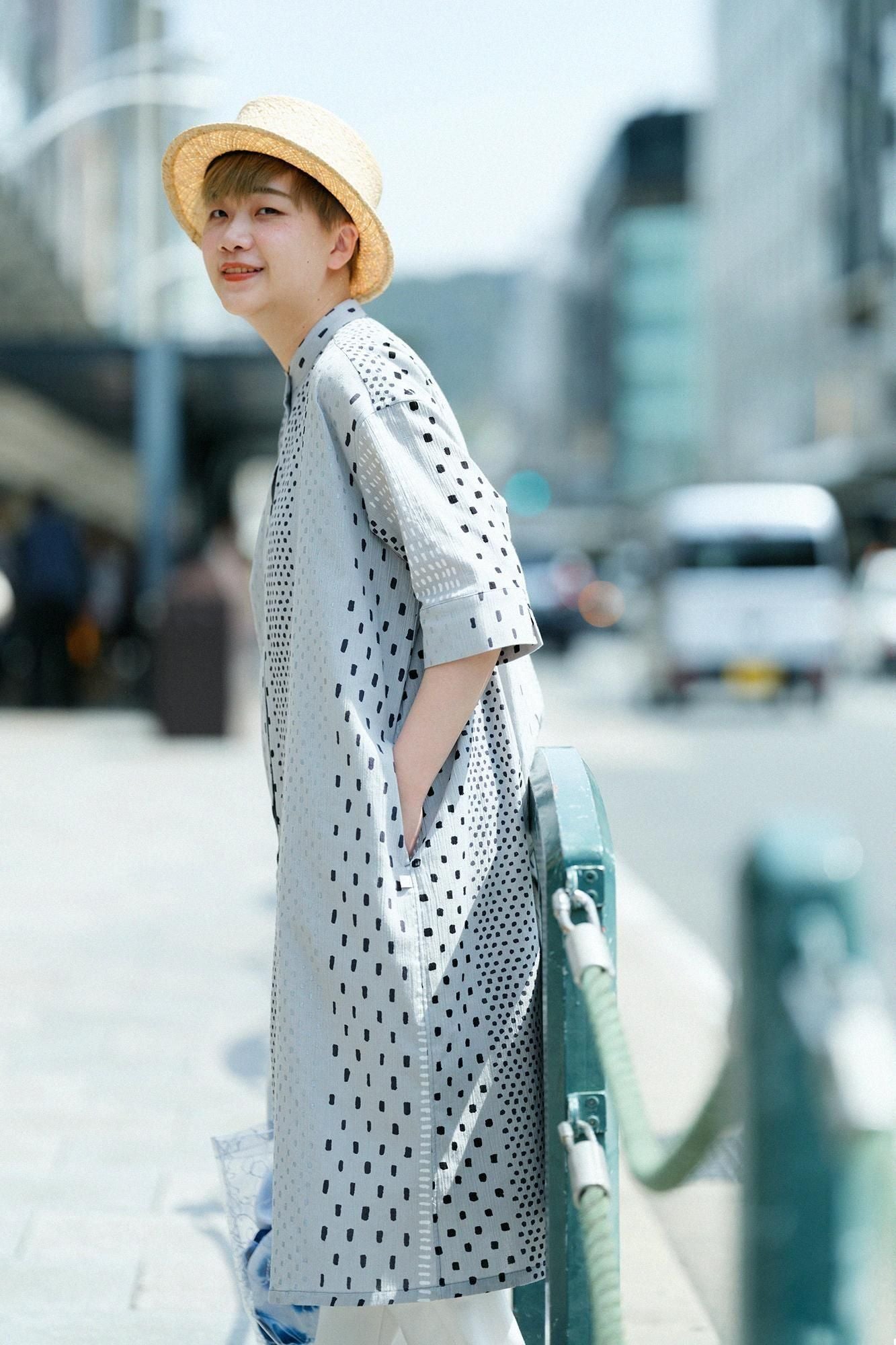 高島縮 20/20 グランシャツワンピース 6分袖／霰縞（あられじま）