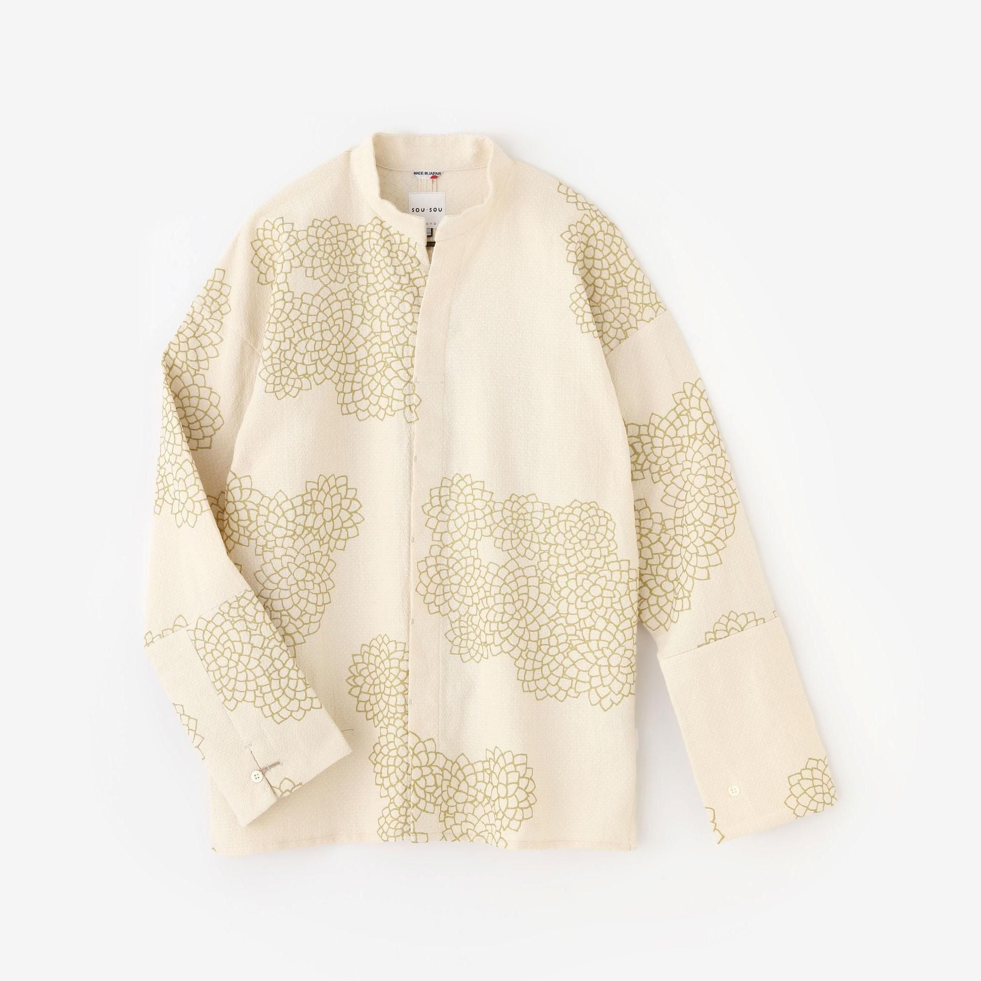 棉麻紡 舶來織 立領 筒形袖襯衫（tsutosode shinii）/雲間菊 鳥白色