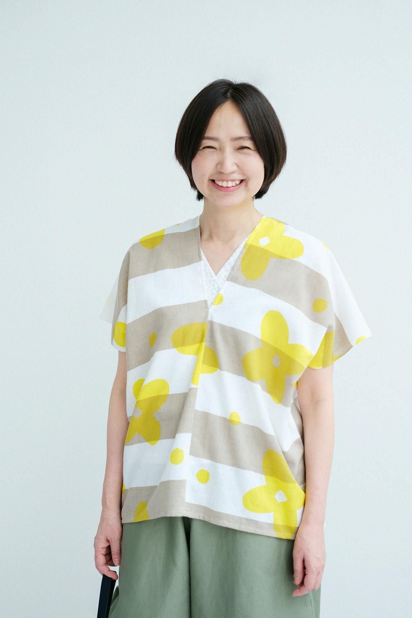 【官網限定】伊勢木棉 文 方形上衣 拼接／花風 檸檬色