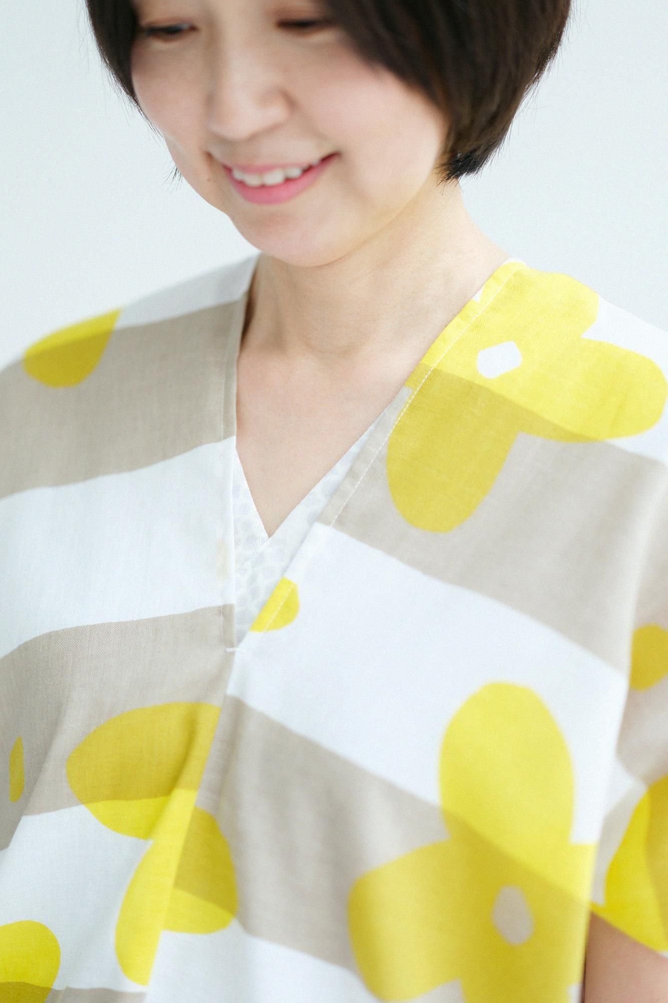 【官網限定】伊勢木棉 文 方形上衣 拼接／花風 檸檬色