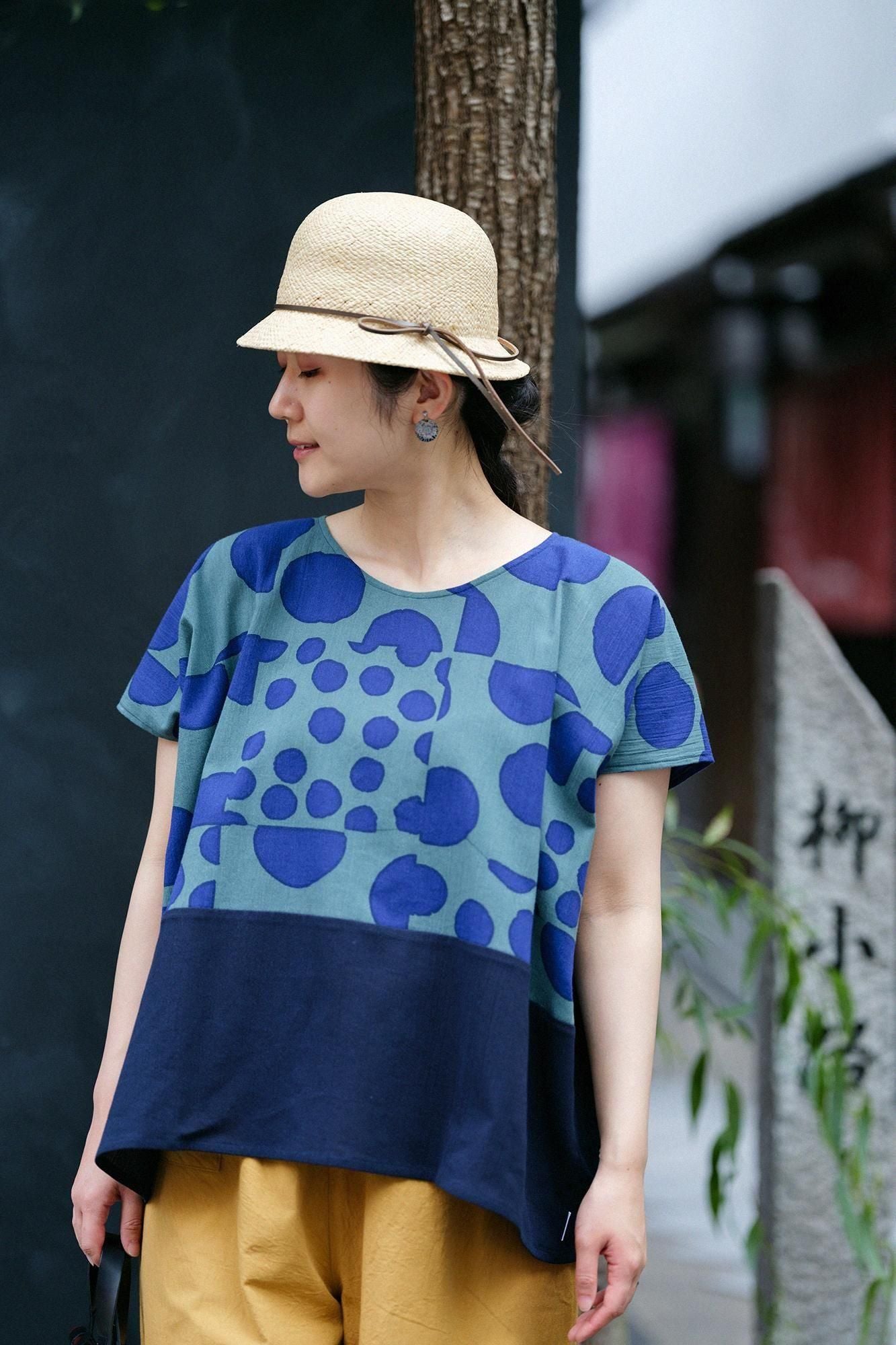 高島縮棉 20/20 方形上衣 雙色 肩紋樣／圓圈圈×藍黑色