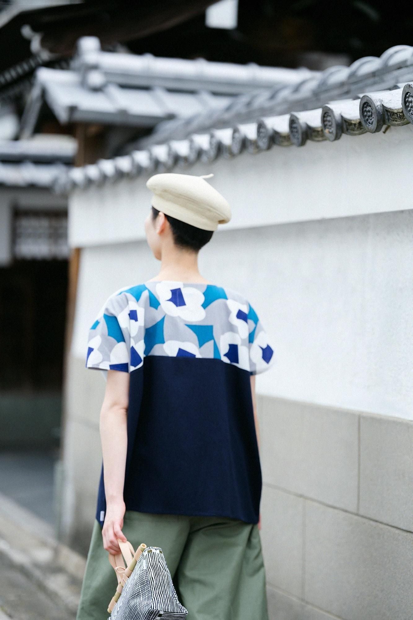 高島縮棉 20/20 方形上衣 雙色 肩紋樣／夢想×藍黑色