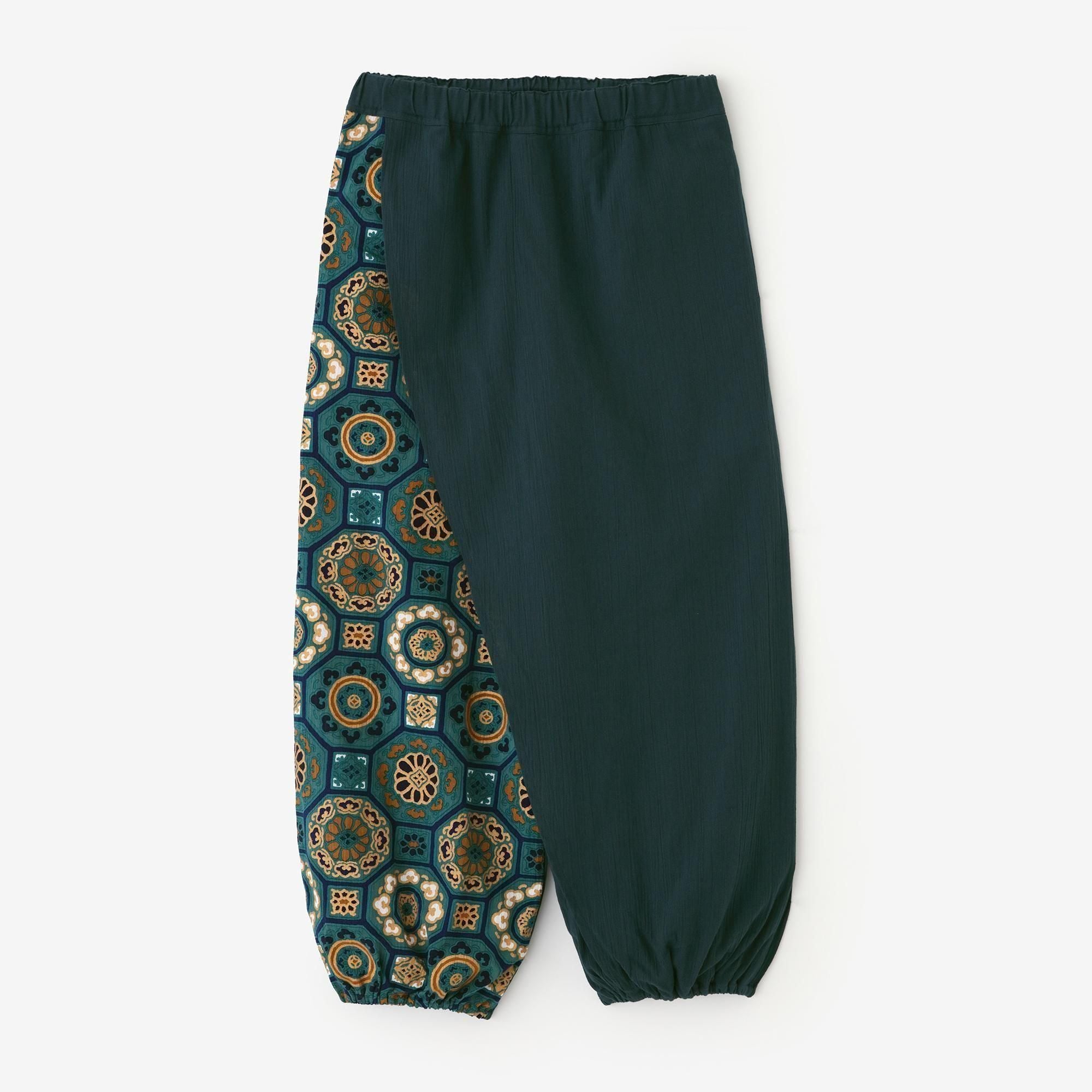Chizimi Cotton 20/20 Wrap Harem Pants Bi-color / Bluish Green × Gorgeous Green Jade Color 2