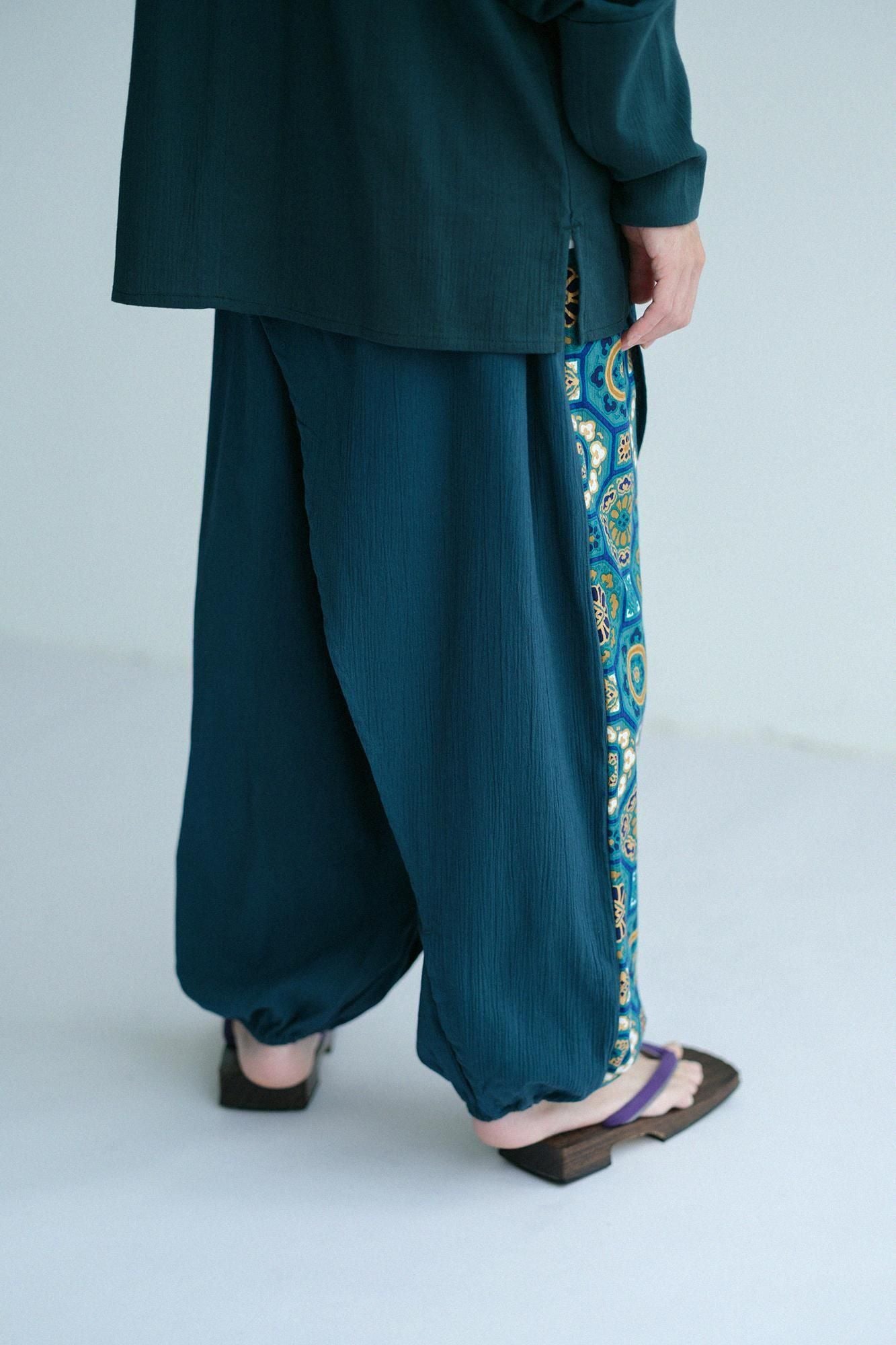 高島縮棉 20/20手柄寛衣下 和裝褲雙色/藍綠色×華麗 碧玉色2