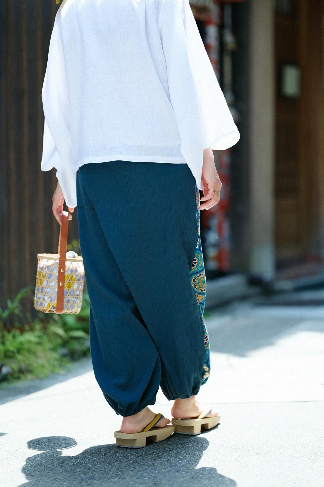 高島縮棉 20/20手柄寛衣下 和裝褲雙色/藍綠色×華麗 碧玉色2