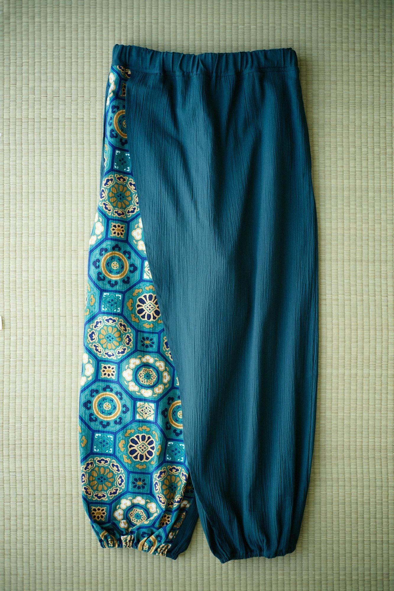 高島縮棉 20/20手柄寛衣下 和裝褲雙色/藍綠色×華麗 碧玉色2