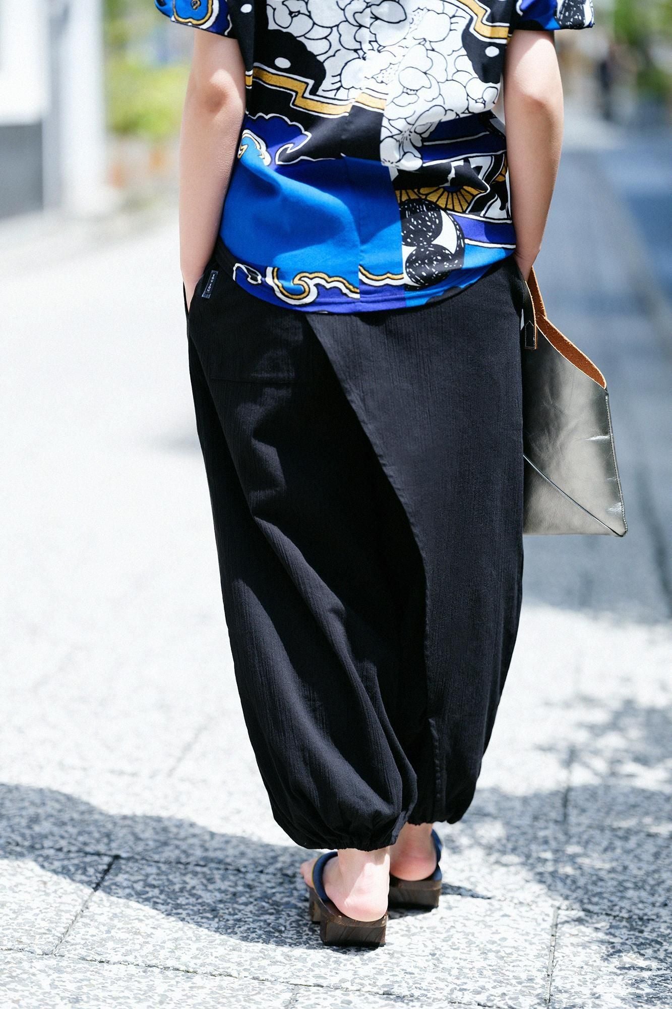 【Online】Chizimi Cotton 20/20 Wrap Harem Pants(TakaMikan SkirtstomachPants and Skirts）／Black2