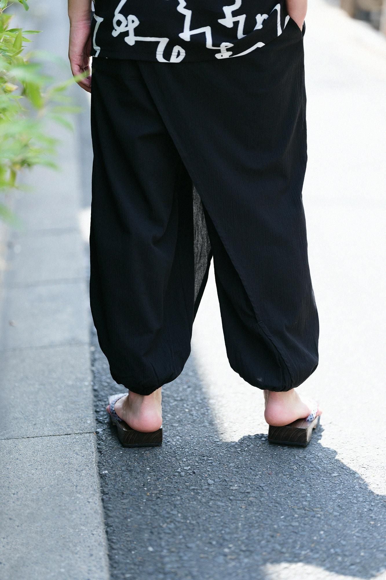 【Online】Chizimi Cotton 20/20 Wrap Harem Pants(TakaMikan SkirtstomachPants and Skirts）／Black2