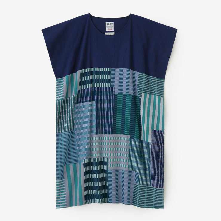Chizimi Cotton 20/20 Rectangular Dress Bi-color Pattern on Hem / Prussian Blue × Skyscraper Sunrise