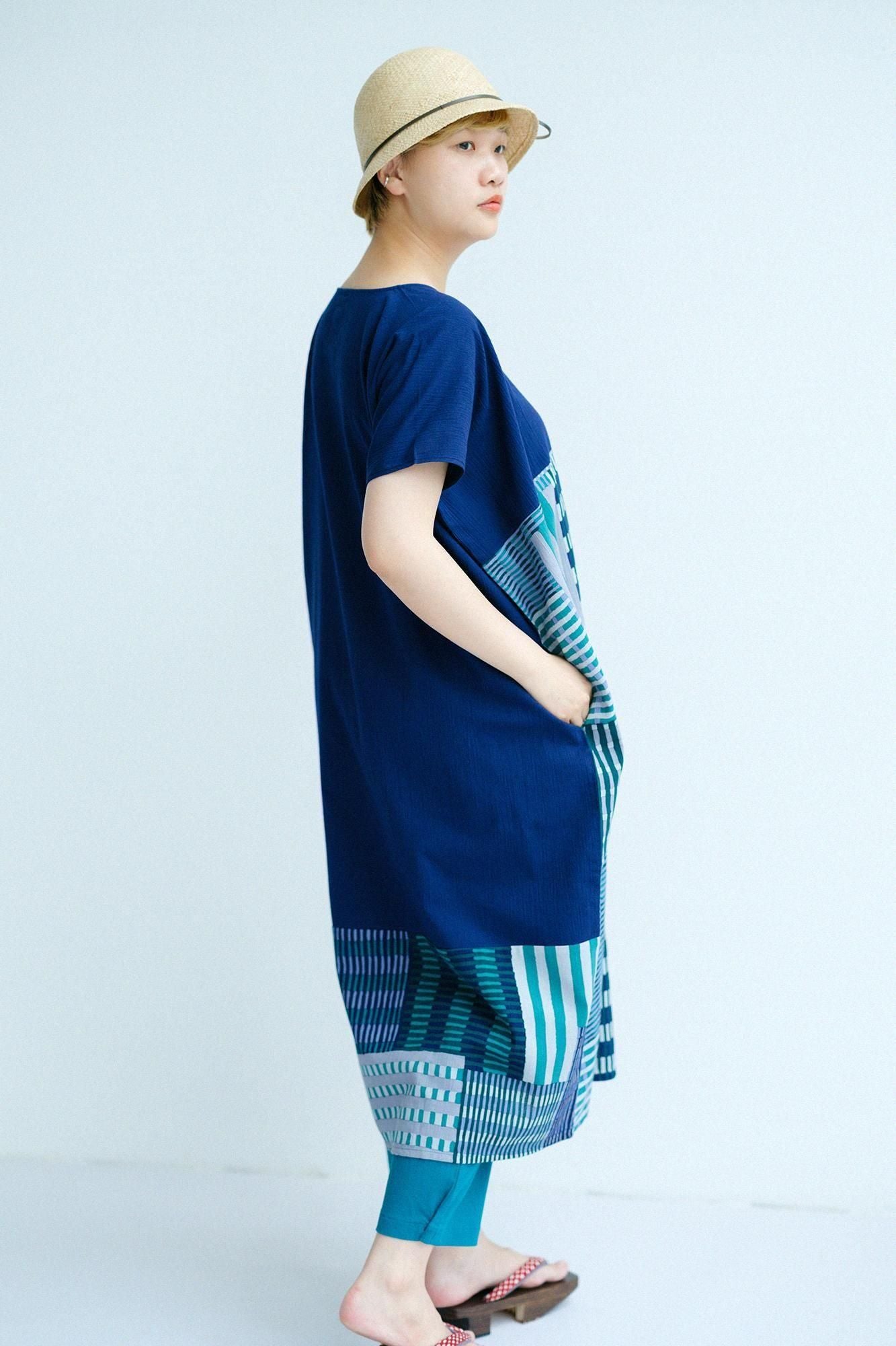 타카시마치지미 20/20 직사각형 원피스 쿠미 헴 패턴/네이비 블루 x마텐로 아사미 (Asakimaki)