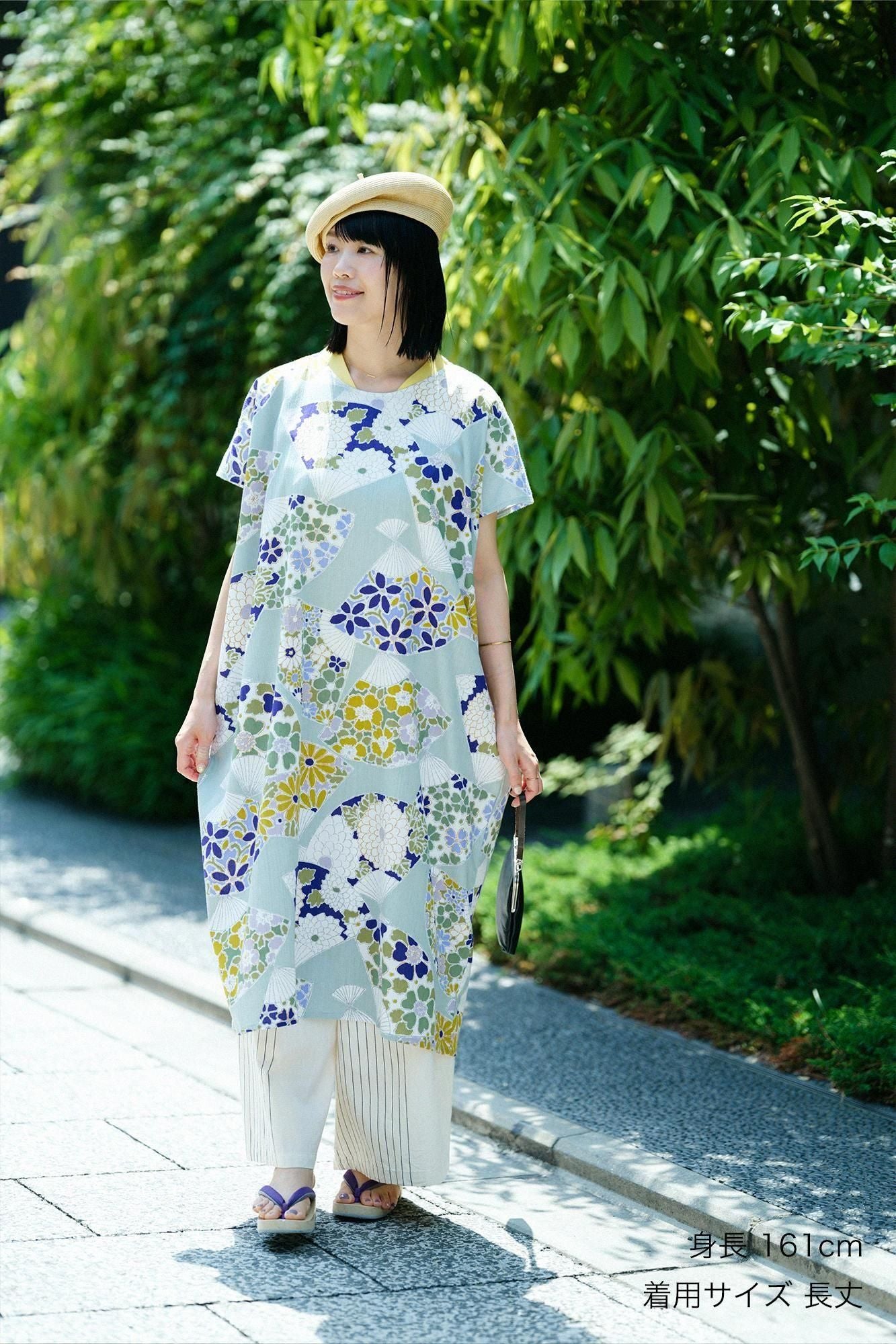 8/27まで【美品】sousouソウソウ　高島縮　ほほえみ　長方形衣　ワンピース 高島縮 20/20 長方形衣（ちょうほうけい）／雲間に菊（くもまに