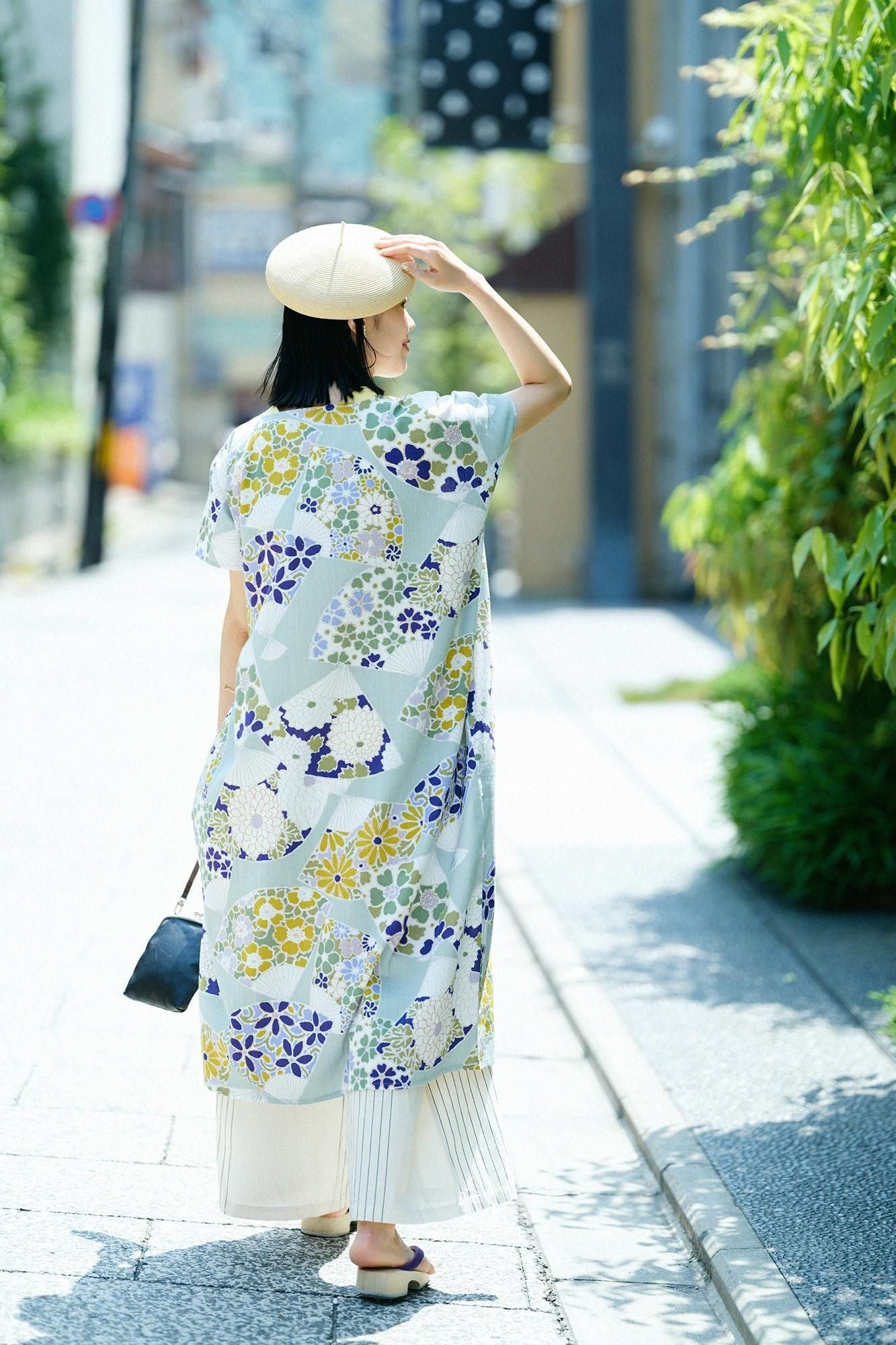 高島縮棉 20/20 長方形洋裝（chohokei）/扇子 柳灰色