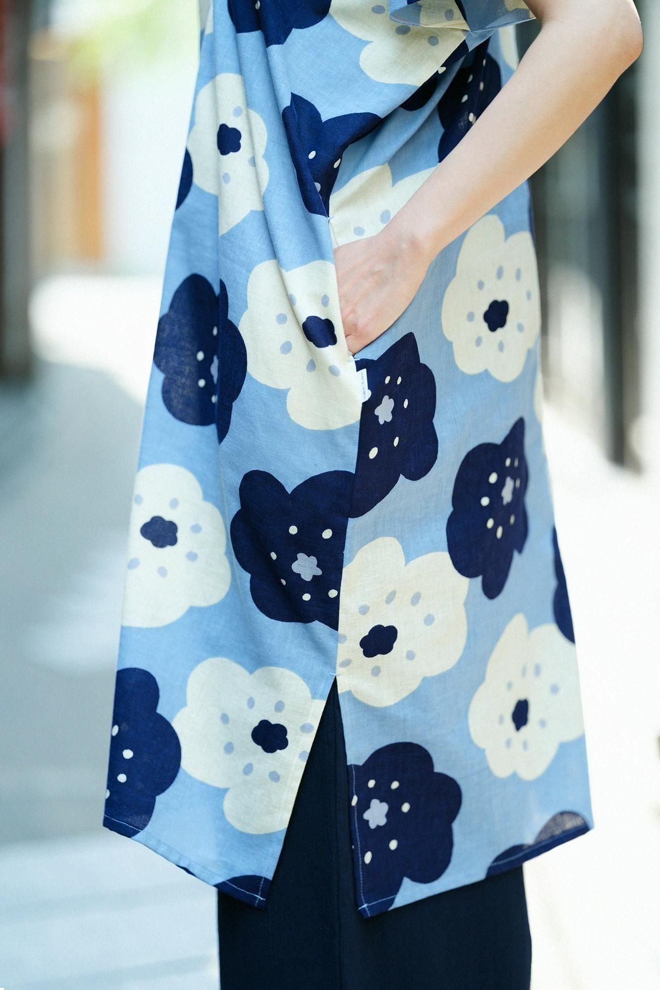 Isemomen Bun Rectangular Dress Split Joint / Smile Light Indigo