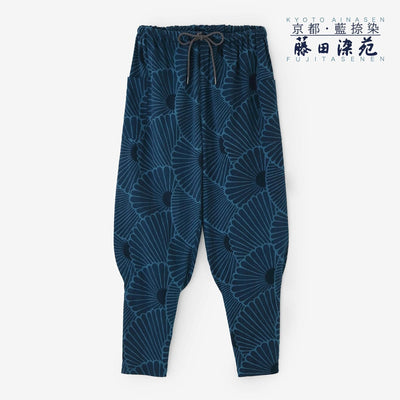 高島縮棉 20/20藍捺染哈倫褲／菊扇