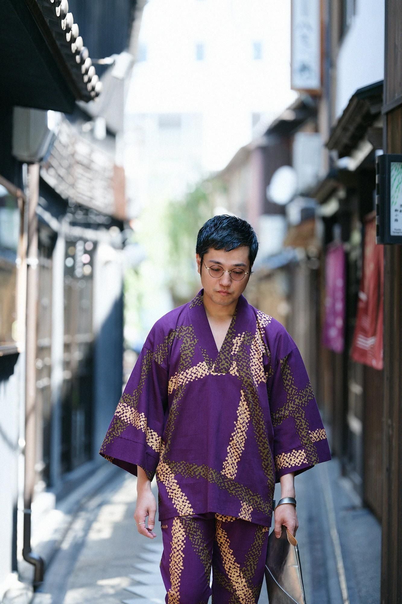 Chizimi Cotton 40/40 Fubi Kimono Shirt / Tied-up Bluish Purple