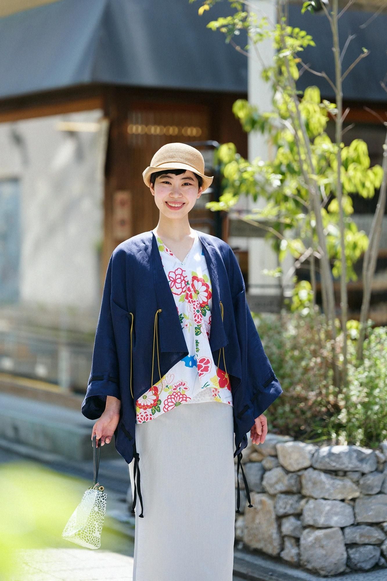 麻 如月披風斗篷袖括／深藍色