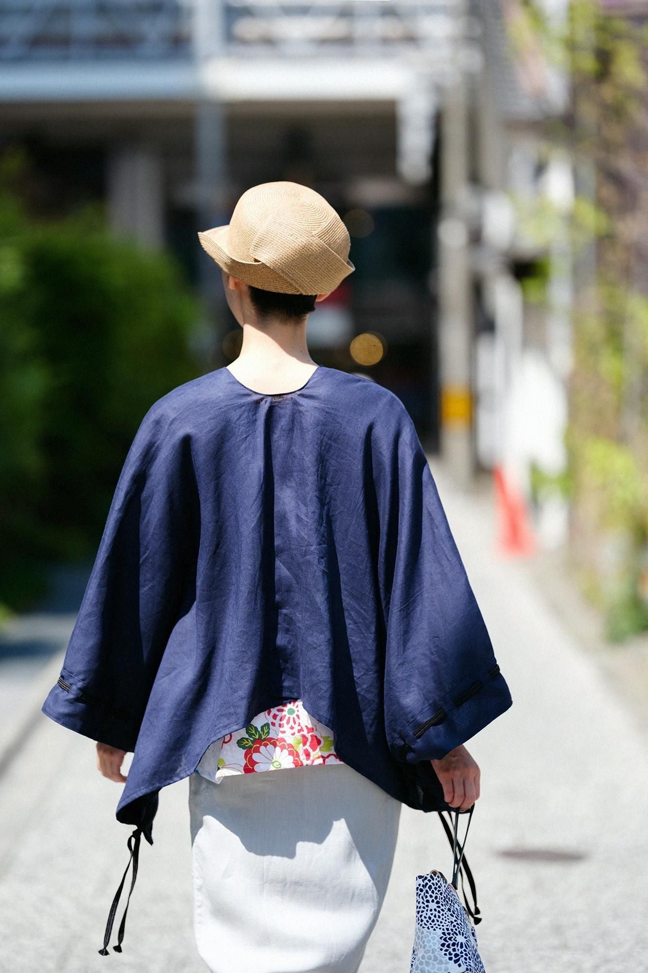 麻 如月披風斗篷袖括／深藍色